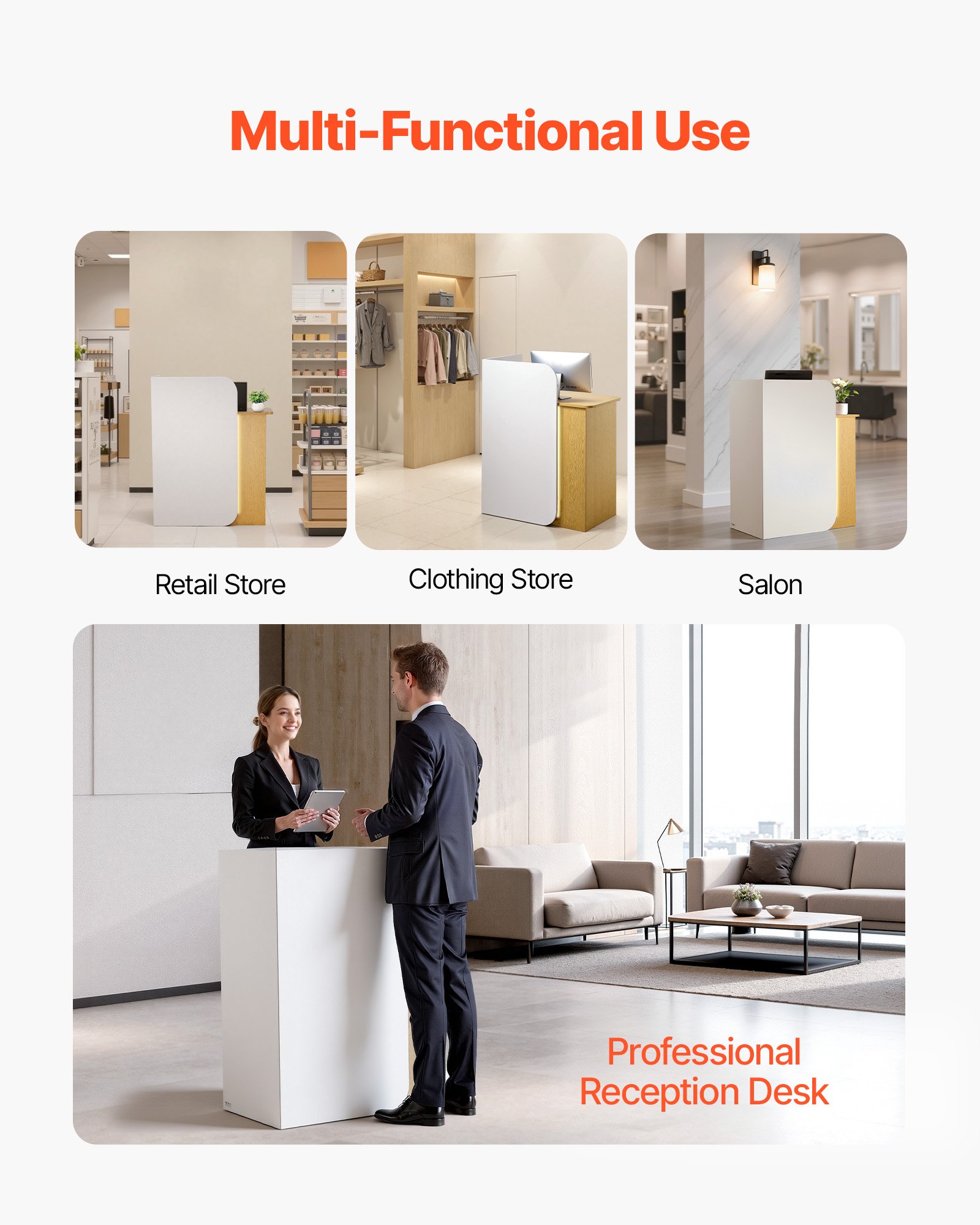Reception Desk, 31.5 Inch Rectangular Front Counter Table, Modern Office Reception Desk With LED Light, 2 Drawers & Power Outlets, Retail Counter Table For Checkout, Lobby, Beauty Salon, Office