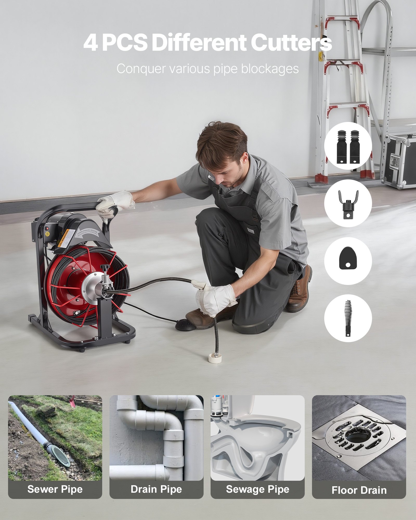 Drain Cleaner Machine 50 FT X 5/16 Inch, Auto Feed Sewer Snake Auger With 4 Cutters & Air-Activated Foot Switch For 2" To 4" Pipes