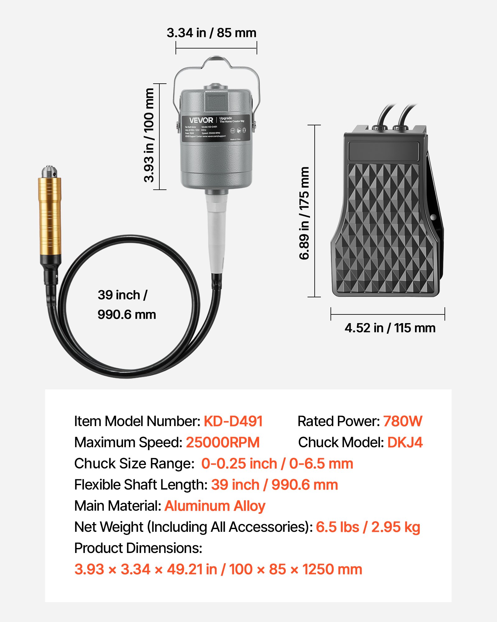 Flex Shaft Grinder, 780W 25000RPM Electric Flex Shaft Rotary Tool, Foot-Pedal Control Hanging Carver Grinder With 112PCS Accessory Kit For Sanding Buffing Polishing Cutting