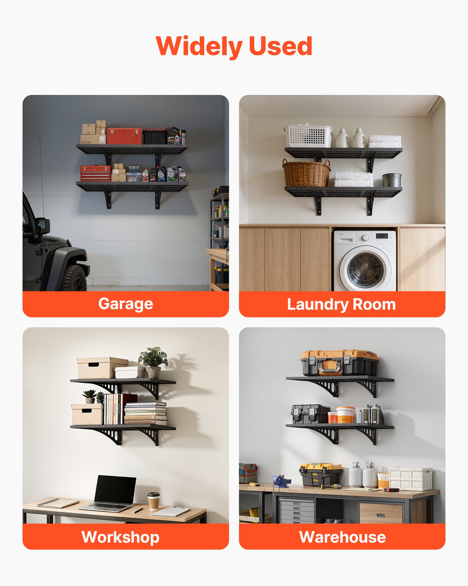 2-Tier Heavy Duty Wall Garage Shelving, 2 X 3 Ft Steel Wall Mounted Shelving Unit, 12 X 72 Inch Per Shelf Floating Storage Metal Rack For Garage With 560 Lbs Total Weight Capacity, Black