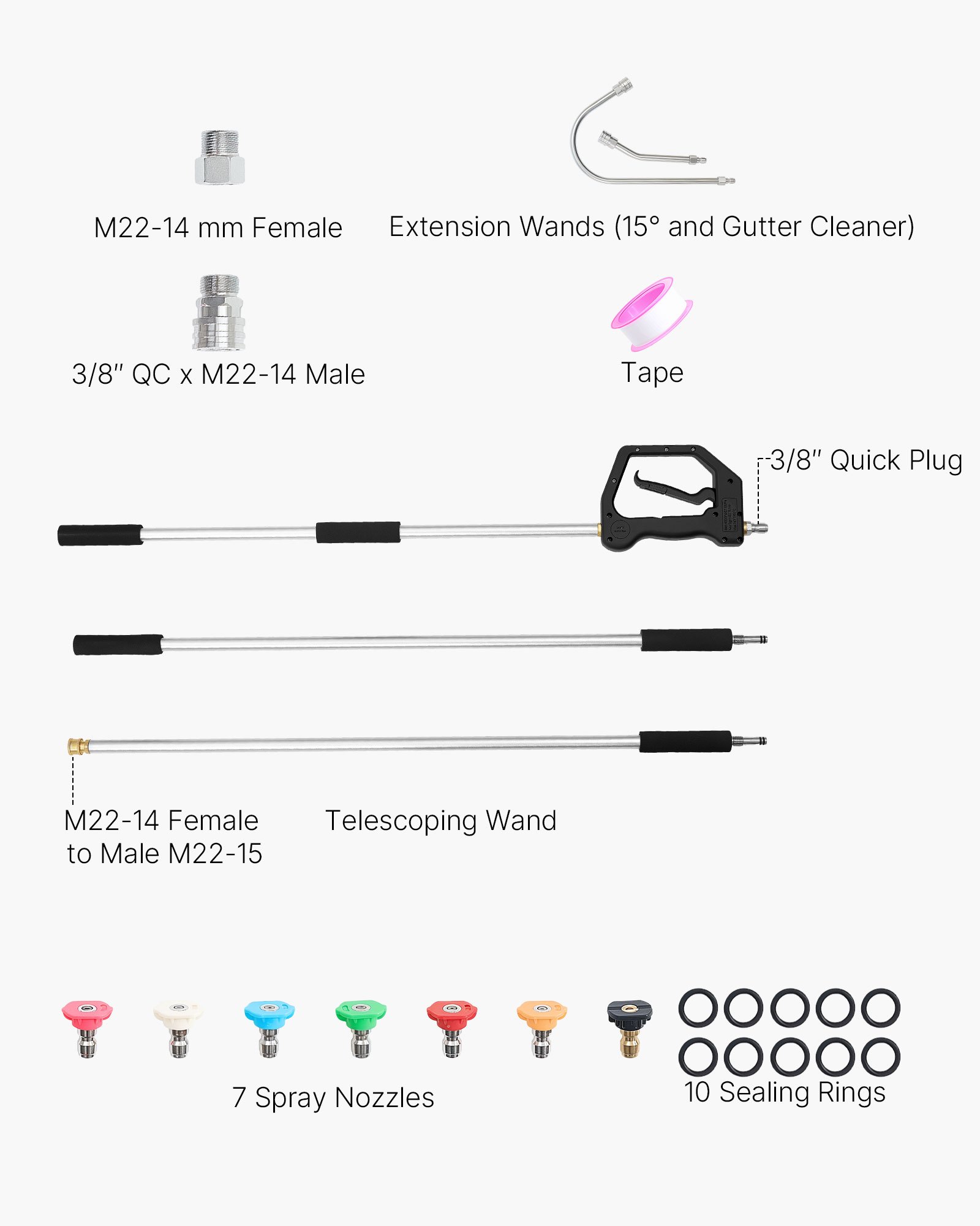 9 FT Pressure Washer Telescoping Wand, 3-Section With Power Washer Extension Wands, 7 Nozzles, Hose Adapter, Support Belt, Storage Bag, 4000 PSI Telescopic Gutter Cleaner For High Cleaning