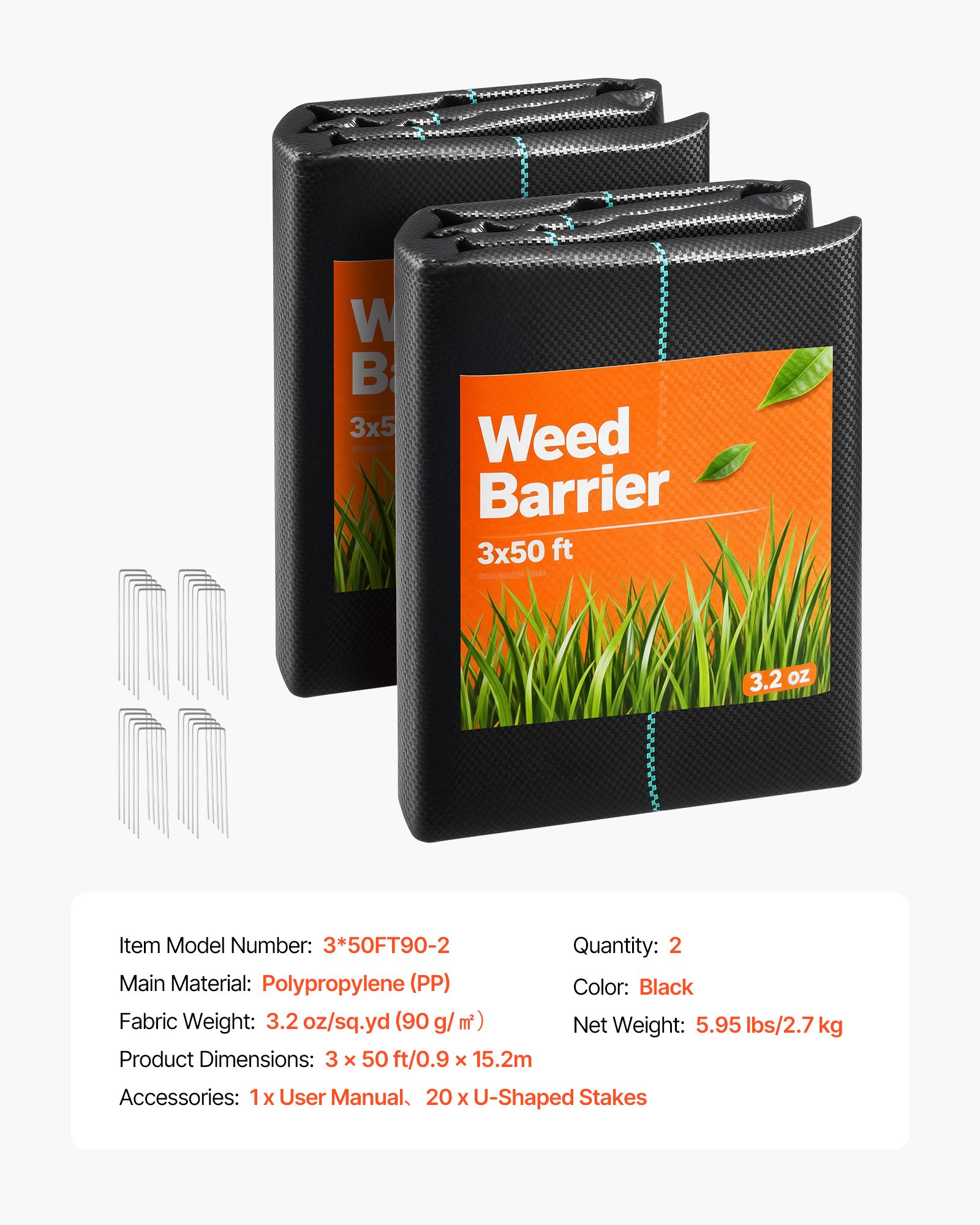 Weed Barrier Fabric Heavy Duty, 2 Packs 3x50FT 3.2oz Weed Blocker Fabric, Woven Landscape Fabrics, Garden Fabrics Weeds Barrier, Weeds Control Ground Cover, Geotextile Webbing, Black