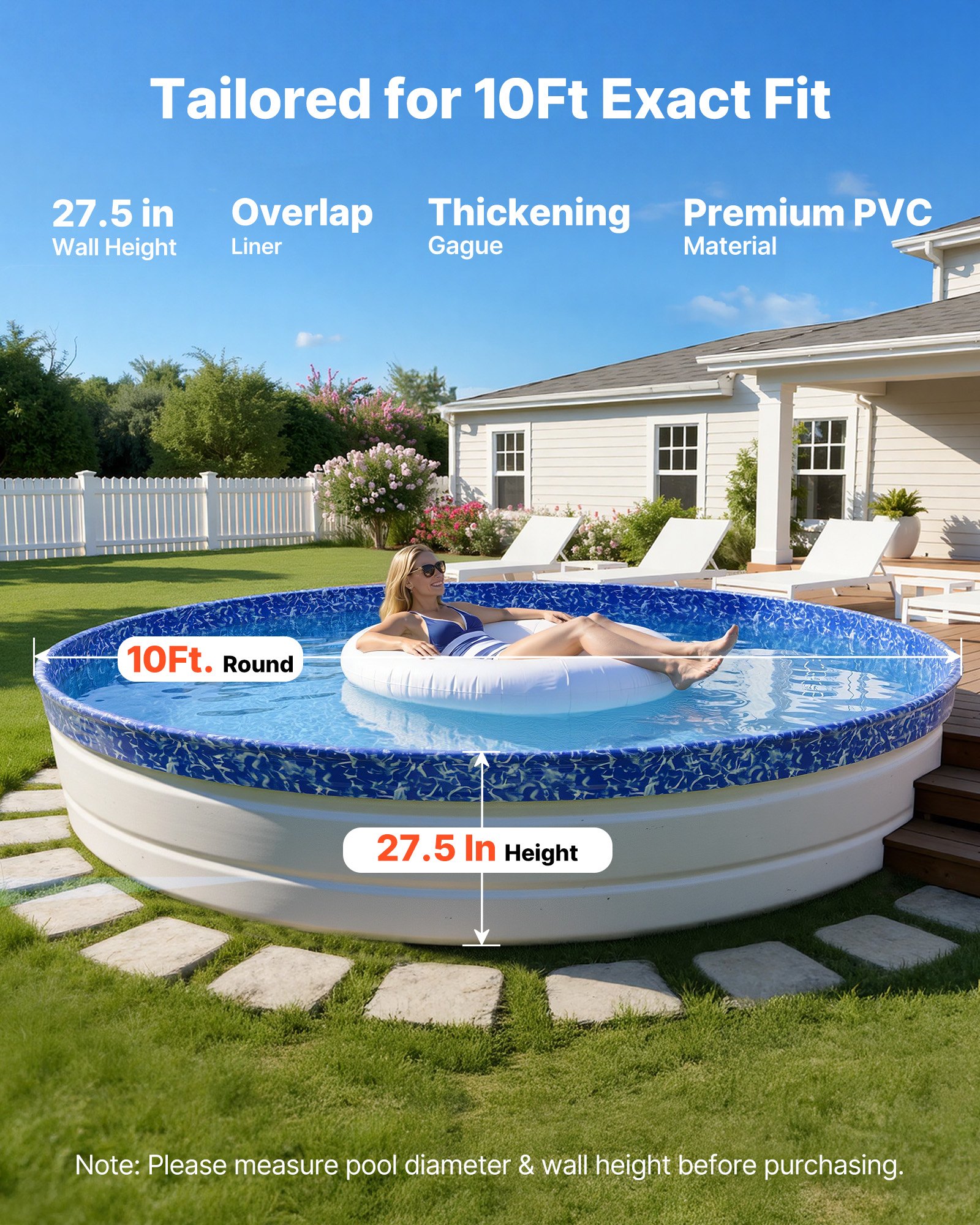 10ft Pool Liner, Round Overlap Swimming Pool Liner For 27.5 In Wall Height, Heavy Gauge Vinyl, Easy Install With Leak-Proof Patches, Designed For Steel Sided Above-Ground,Outdoor, Crystal