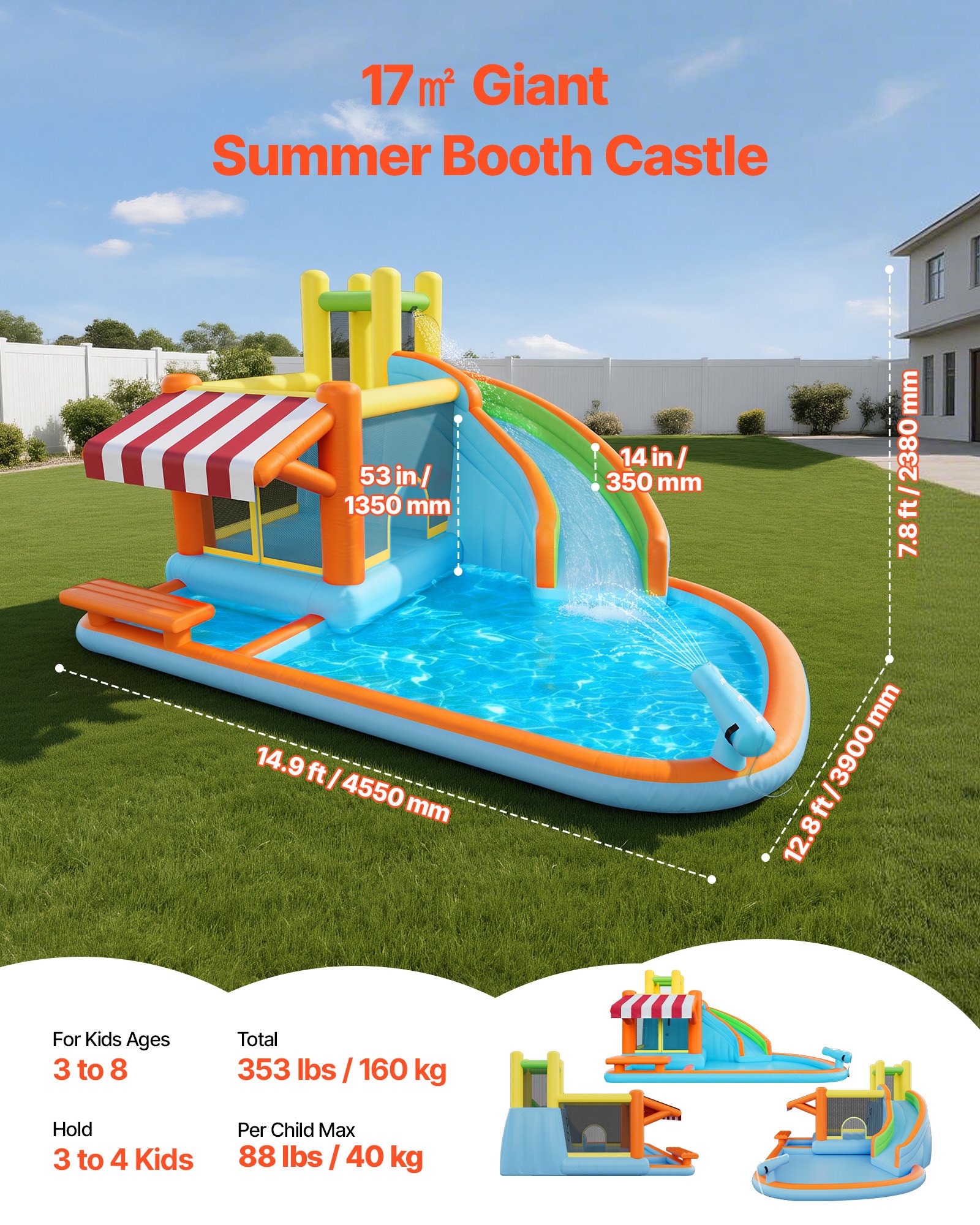 Inflatable Bounce House, 14.9 X 12.8 X 7.8 Ft Inflatable Bounce House Water Slide, Bouncer Castle With Castle Bounces, Tall Slide, Splash Pool & Pretend Market Booth, For 3 To 4 Kids Ages 3 To 8