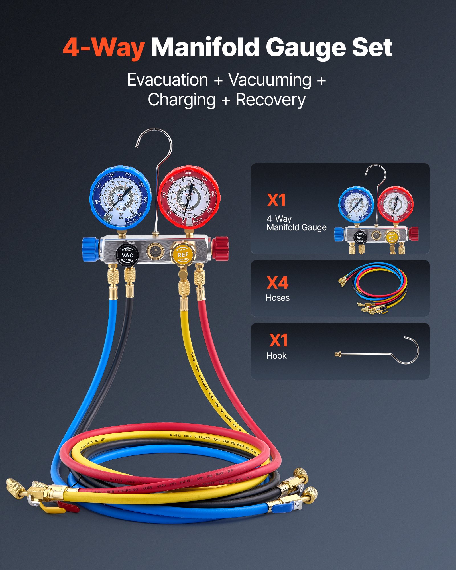 AC Manifold Gauge Set For R22 R404A R410A R12 Refrigerants, 4 Way AC Gauges With 5 Ft Hoses For Automotive &… - 3