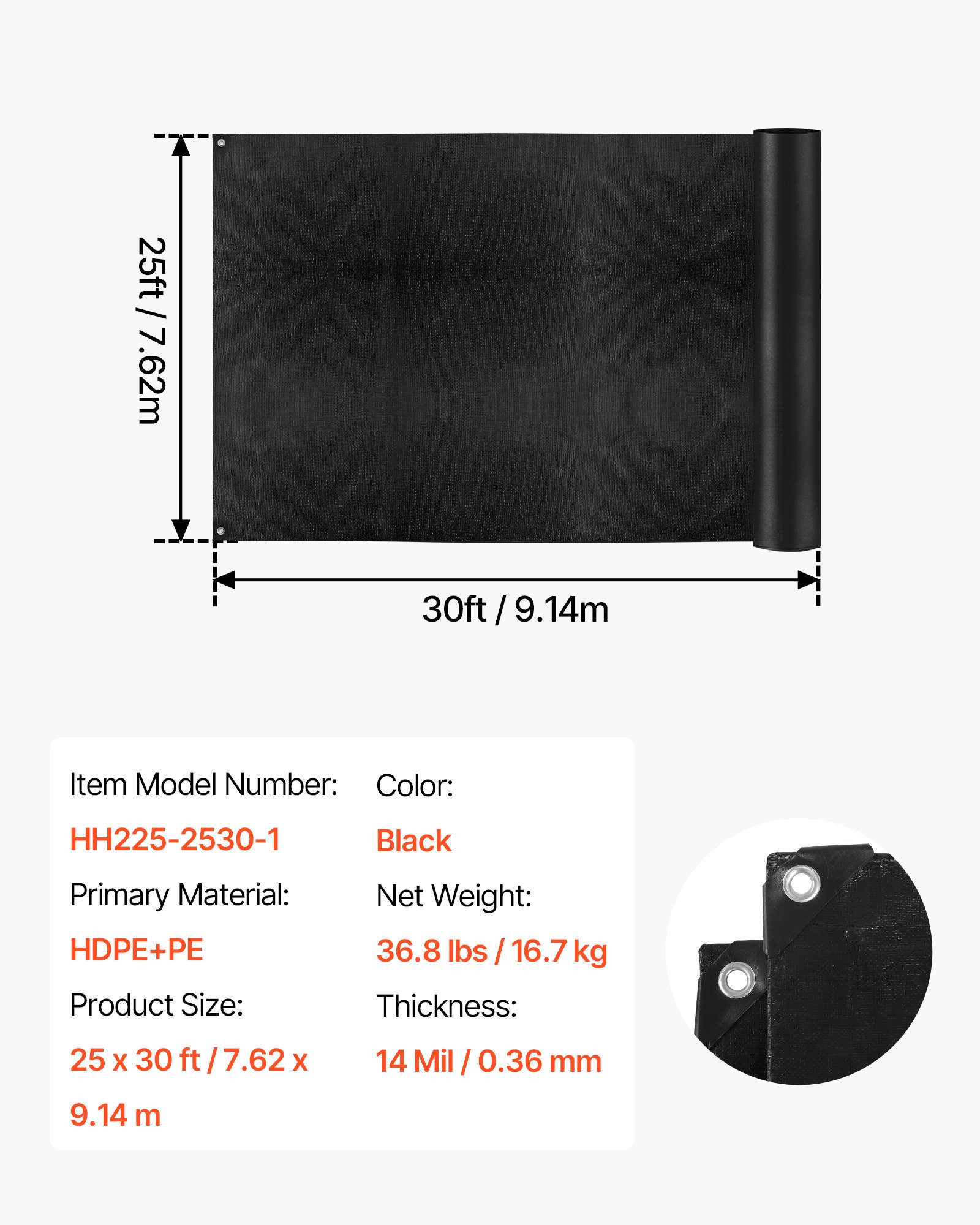 25 X 30 Ft Pond Liner, 14 Mil Thickness, 3-Layer Reinforced PE Fish Koi Pond Liner For Outdoor Ponds, With Hemmed Edge And 4 Metal Buttonholes, For Water Garden, Waterfall, And Fountains, Black