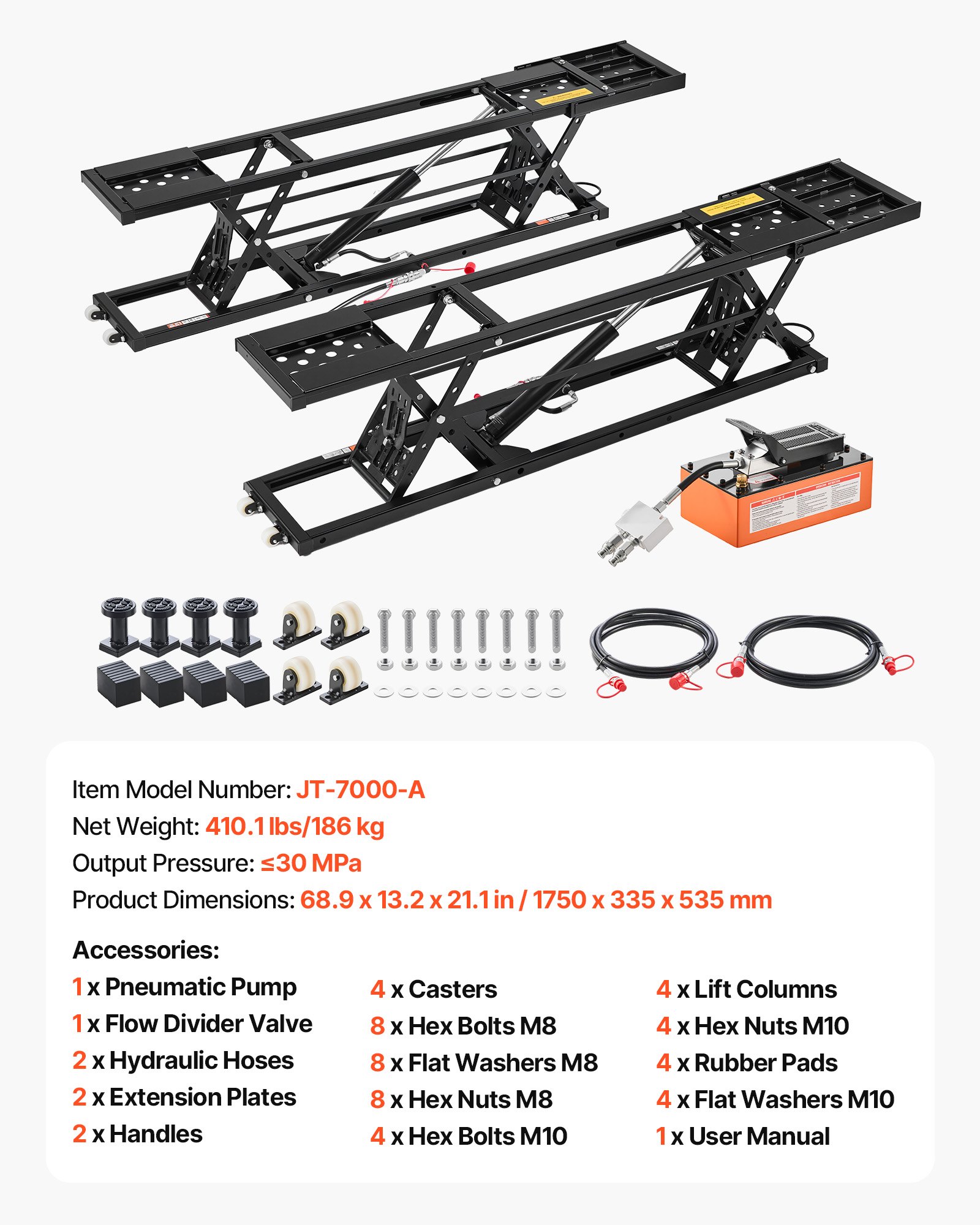 Portable Car Lift, 7000 Lbs Capacity, Heavy Duty Steel Truck Lift With 26.8" Max Height, Pneumatic Pump, Wheels, 4 Rubber Pads & 4 Lifting Columns For Cars, SUVs, Trucks, Home Garage Or Shop Use