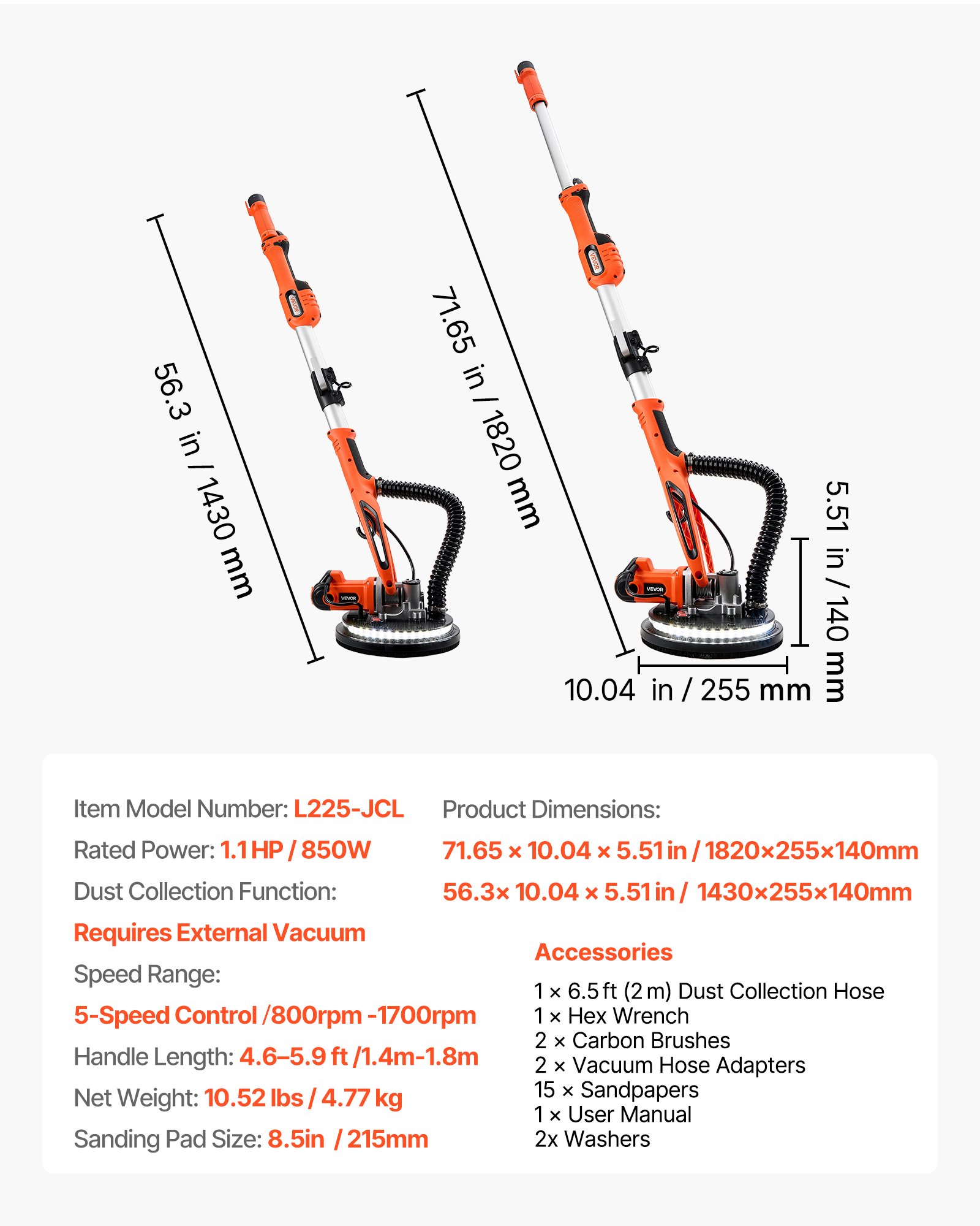 Drywall Sander, 850W Electric Drywall Sander, Popcorn Ceiling Removal Tool With 5 Variable Speed 800-1700 RPM, Double-Deck LED Light, Foldable & Extendable Handle, 15 Sanding Discs, Dust Hose