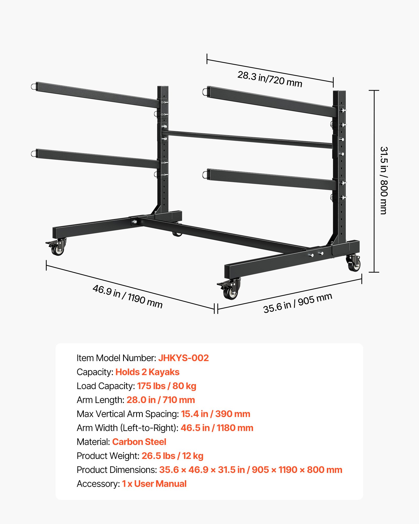 Kayak Storage Rack For 2 Kayaks, Holds 175 Lbs, Heavy Duty Adjustable Freestanding Stand With Lockable Wheels For Indoor Outdoor Garage Shed Dock, Holder For Canoe, SUP, Surfboard & Paddleboard