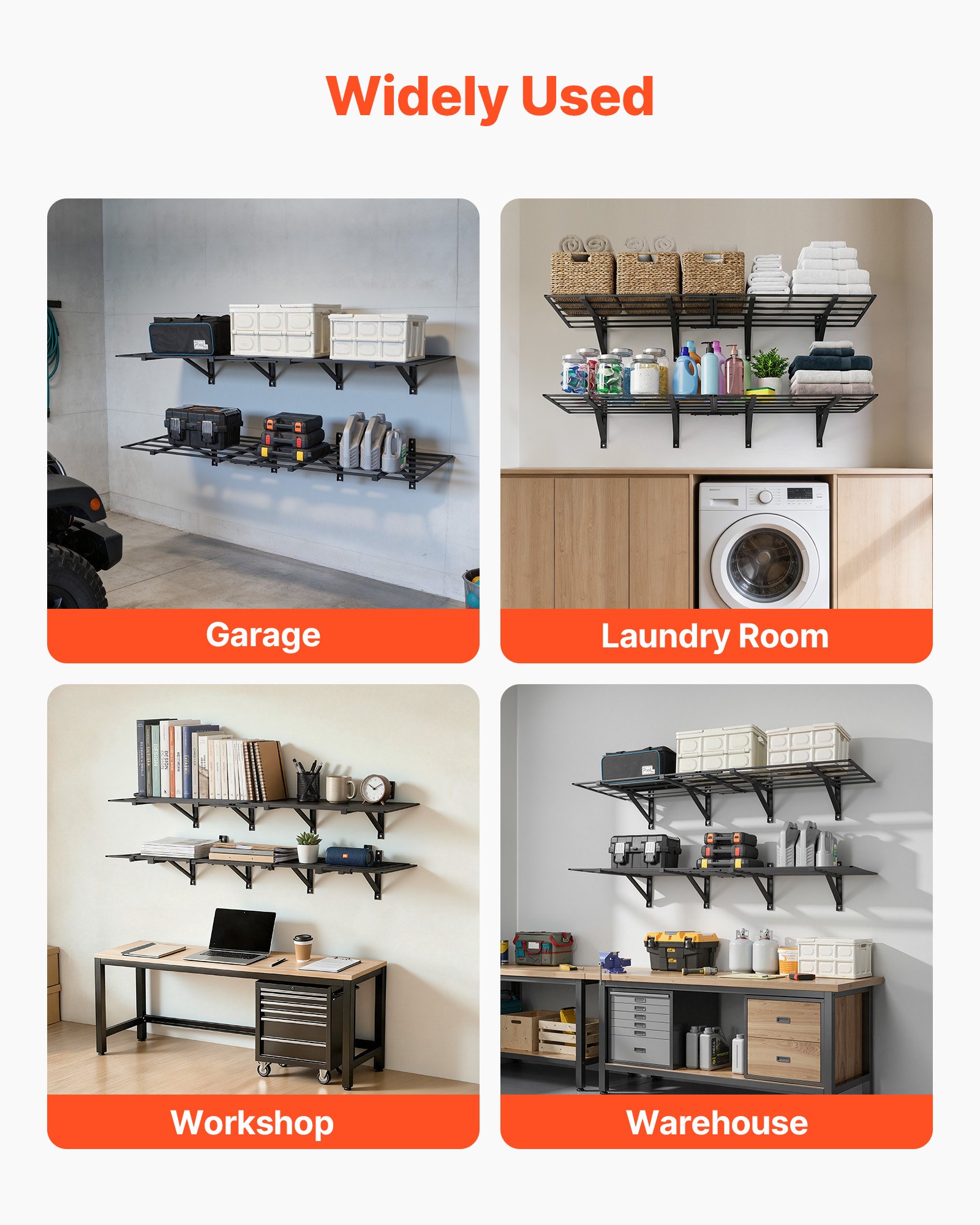 2-Tier Heavy Duty Wall Garage Shelving, 4 Pack 2 X 3 Ft Steel Wall Mounted Shelving Unit, 24 X 72 Inch Per Shelf Floating Storage Metal Rack For Garage, 1600 Lbs Total Weight Capacity, Black