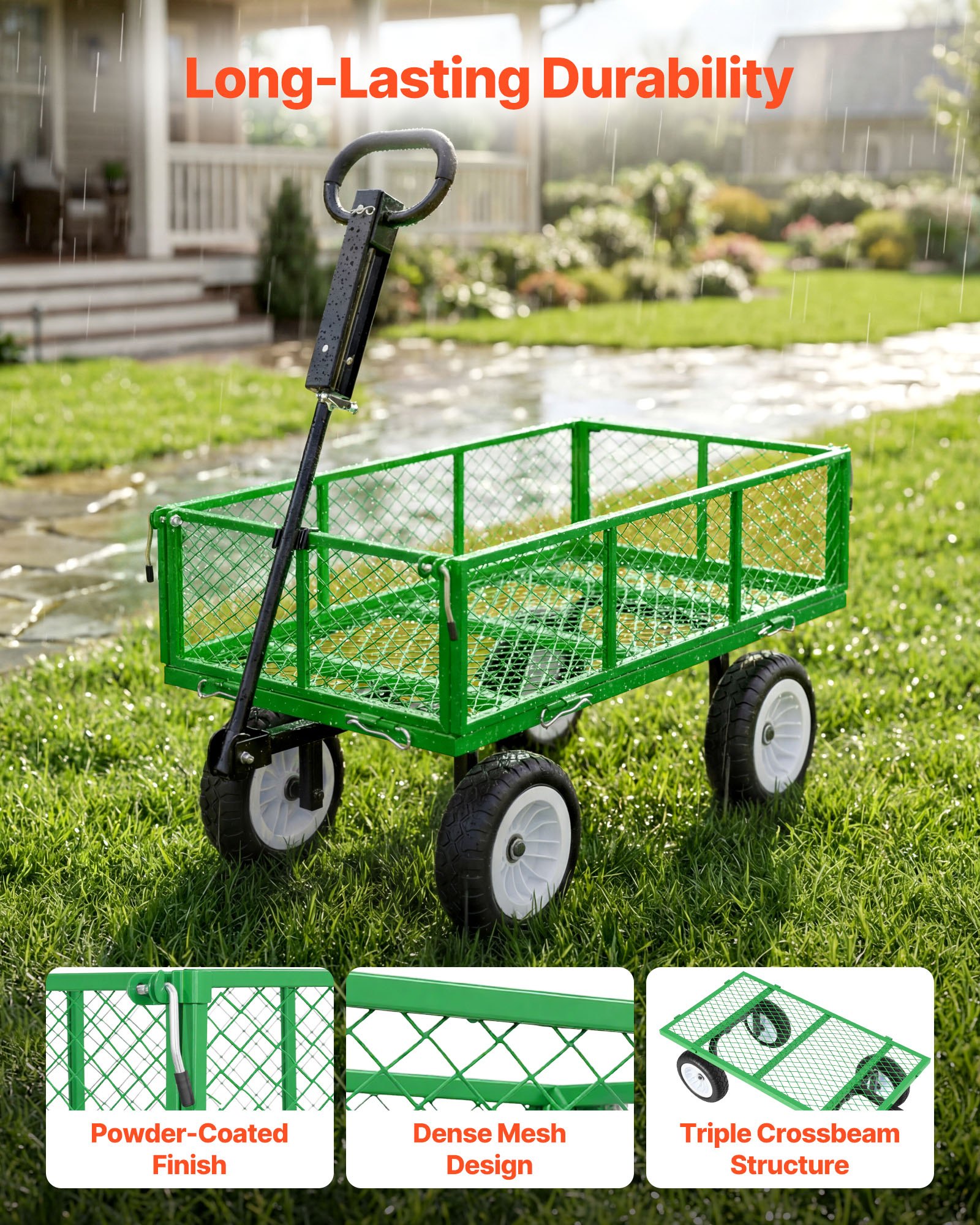 Garden Cart, 900 LBS, Heavy Duty Steel Yard And Garden Utility Wagon With 10-Inch Tires, Outdoor Gardening Stool With Adjustable Handle, Detachable Side Panels, Attach To ATV Or Tractor, Green