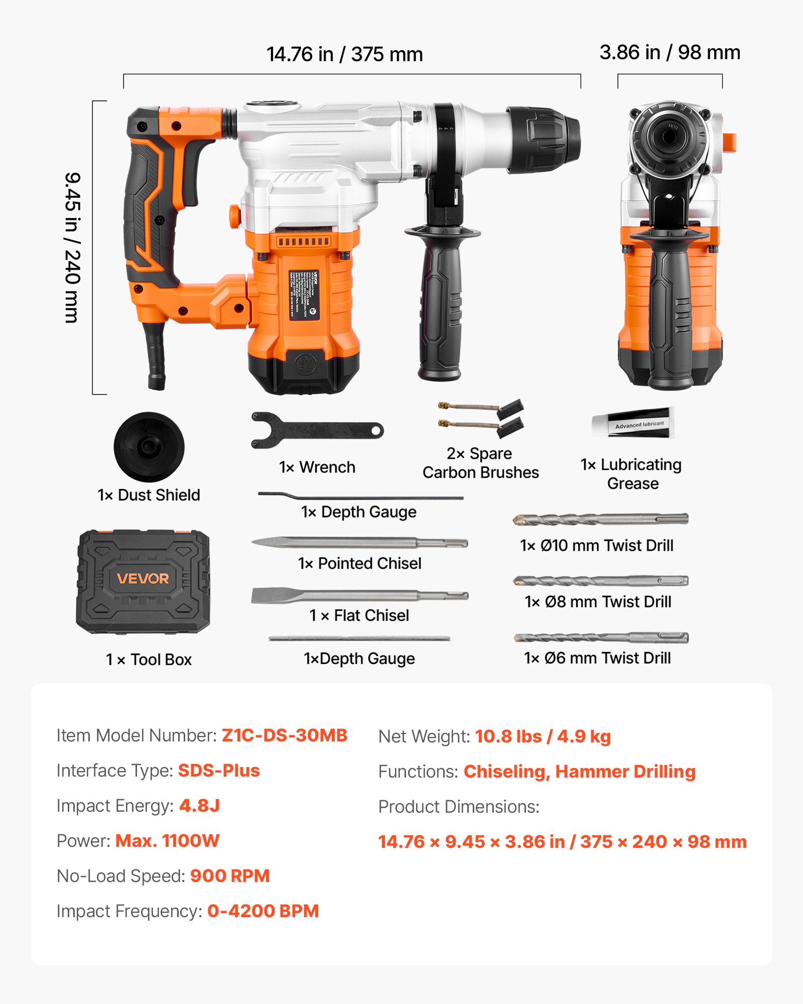 Rotary Hammer Drill, 1-1/8 In SDS-Plus Electric Corded Heavy Duty Rotary Hammer, Including 3 Drill Bits, Flat Chisel, Pointed Chisel, Grease, Brush, And Carrying Case, For Concrete And Masonry