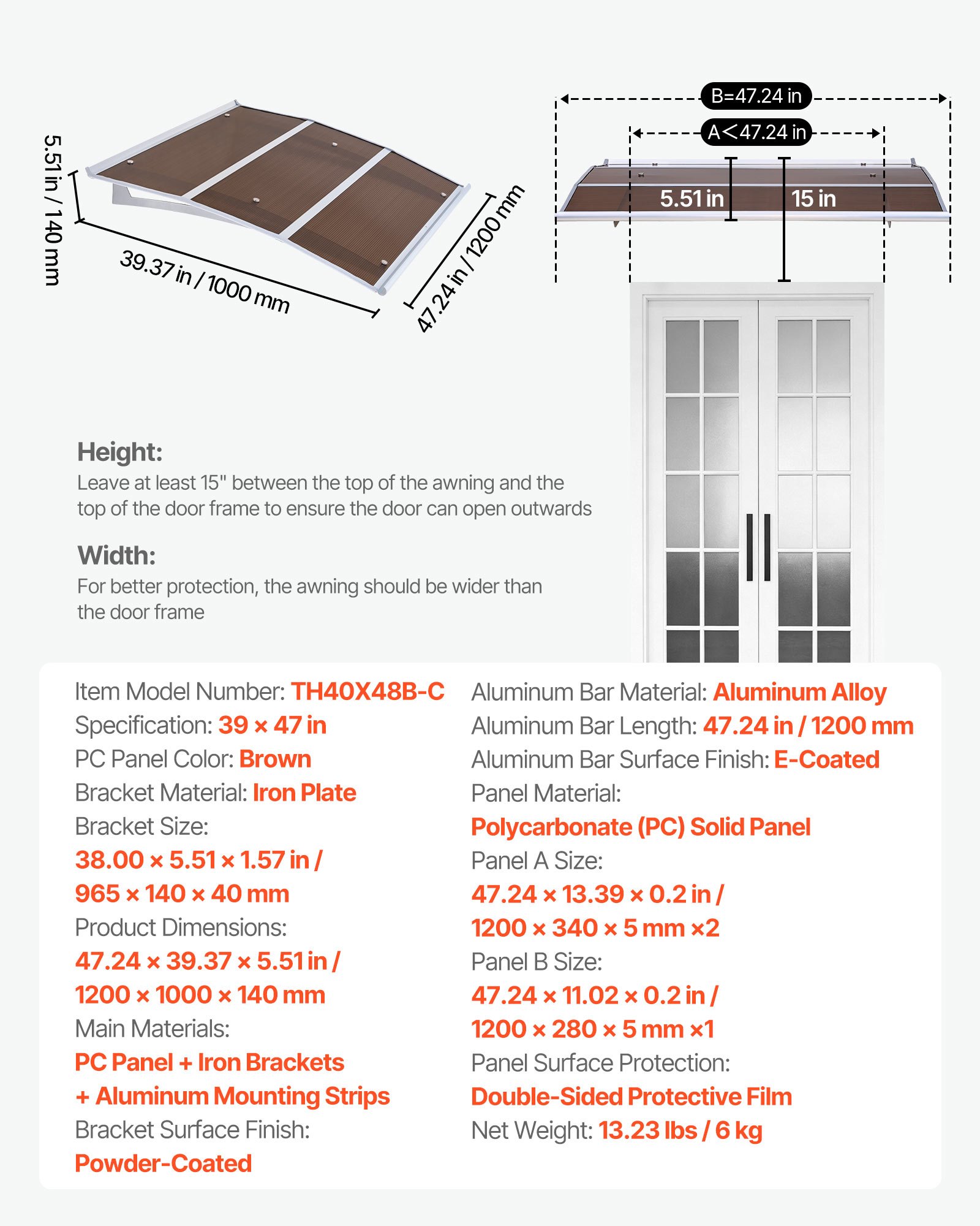 Awnings For Door Entrance, 37 X 47 In, Exterior Front Door Window Awnings With Drainage & ABS Bracket, Rain Snow Sun Protection, Overhang Polycarbonate Door Canopy For Porch Patio, Brown