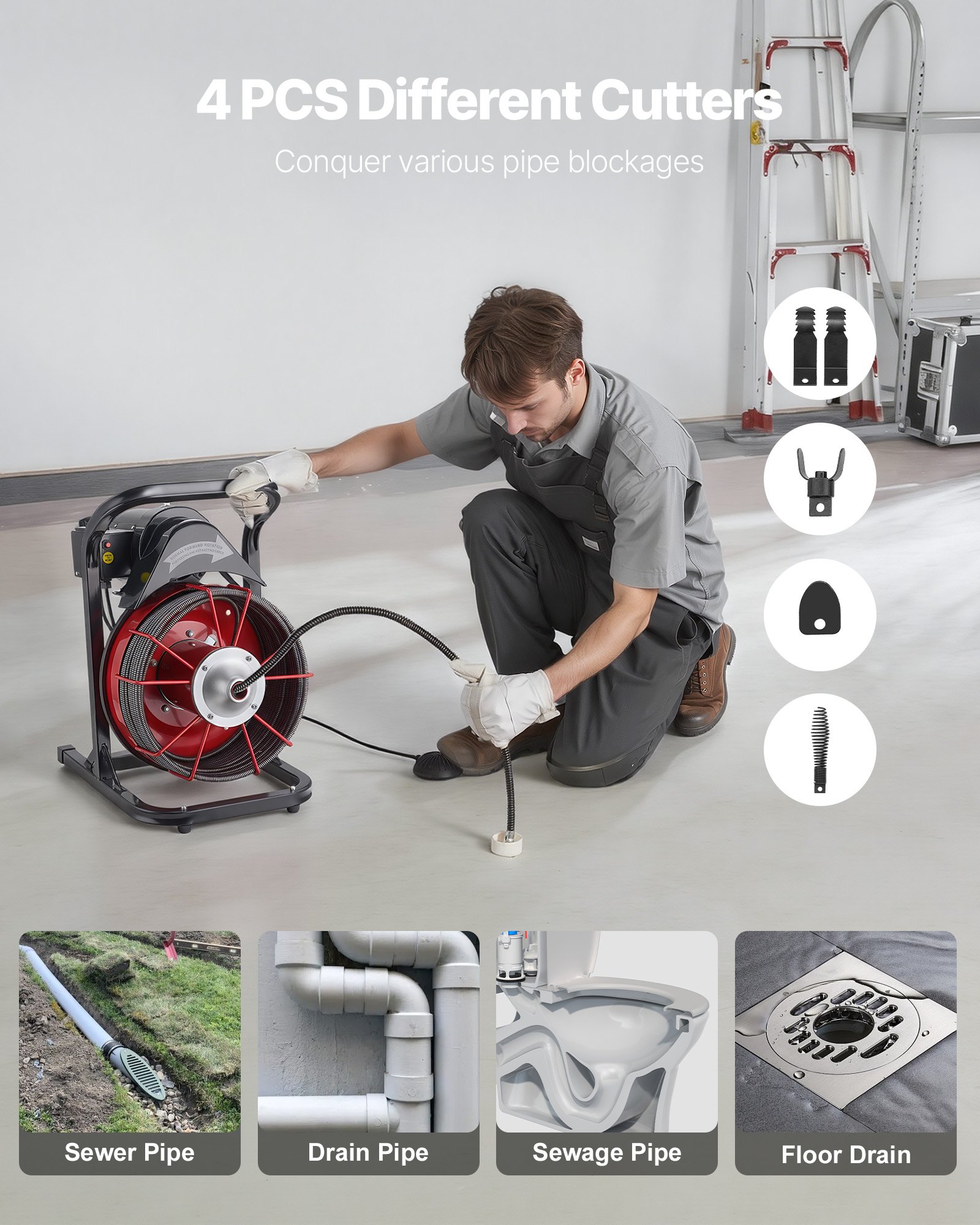 Drain Cleaner Machine 75 FT X 3/8 Inch, Sewer Snake Auger Manual Feed With 4 Cutters & Air-activated Foot Switch For 2" To 4" Pipes