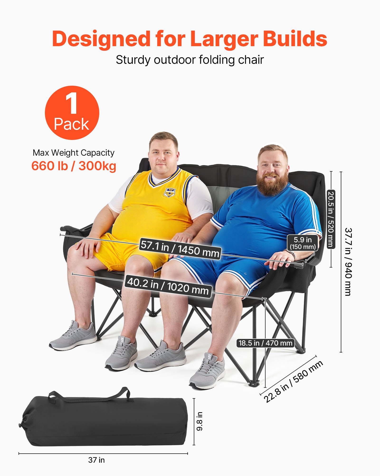 Double Camping Chair, Oversized Two Person Camp Chair With 660 Lbs Heavy Duty Support, With Dual Cup Holders, Wine Glass Holders, Magazine Straps, Carry Bags For Outdoor, Beach, 1 Pack image 2