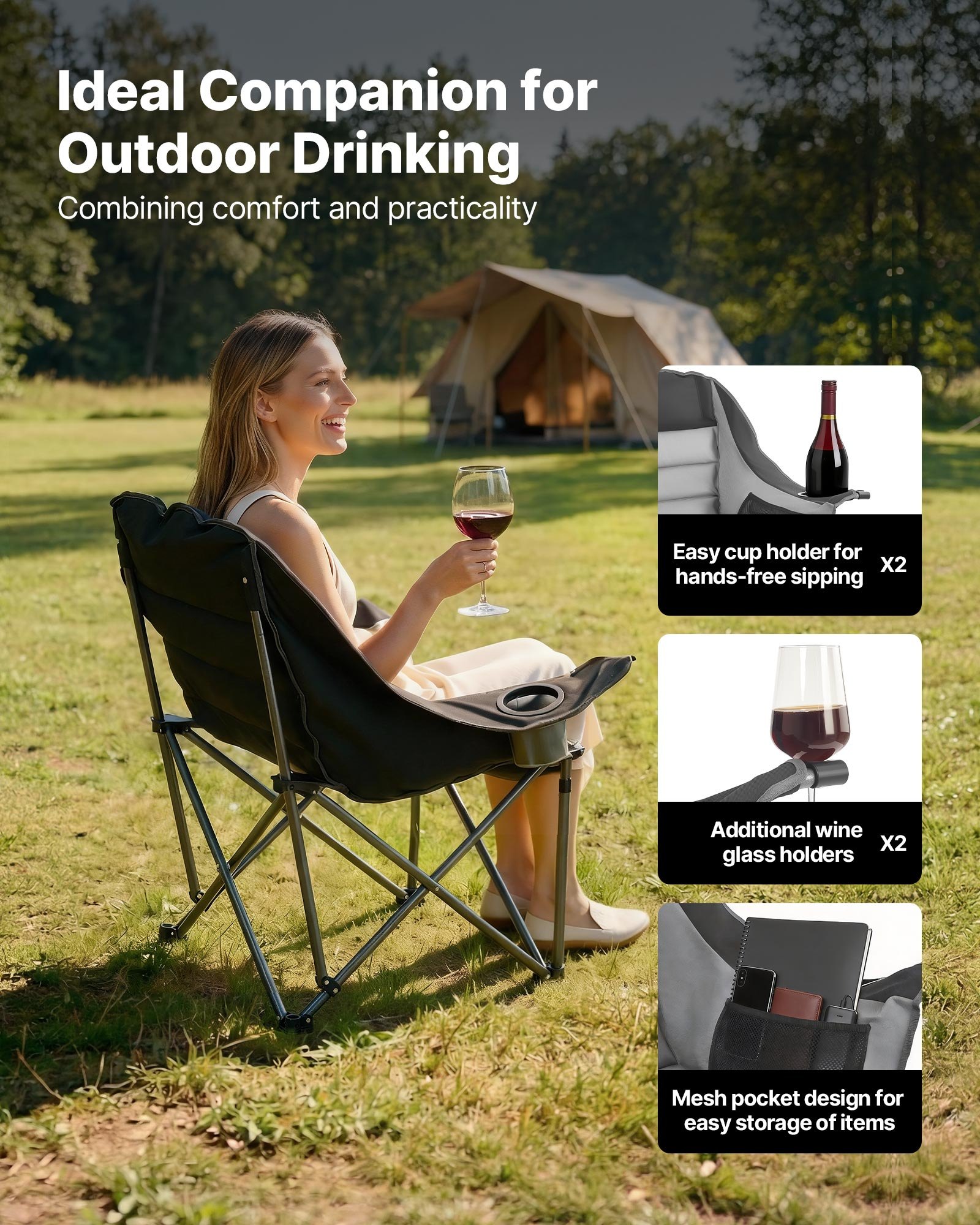 Oversized Camping Chairs, 450 Lbs Heavy Duty Support, Portable Padded Folding Camp Chairs With Dual Cup Holders & Wine Glass Holders, Carry Bag For Outdoor, Fishing, Black & Gray, 1 Pack