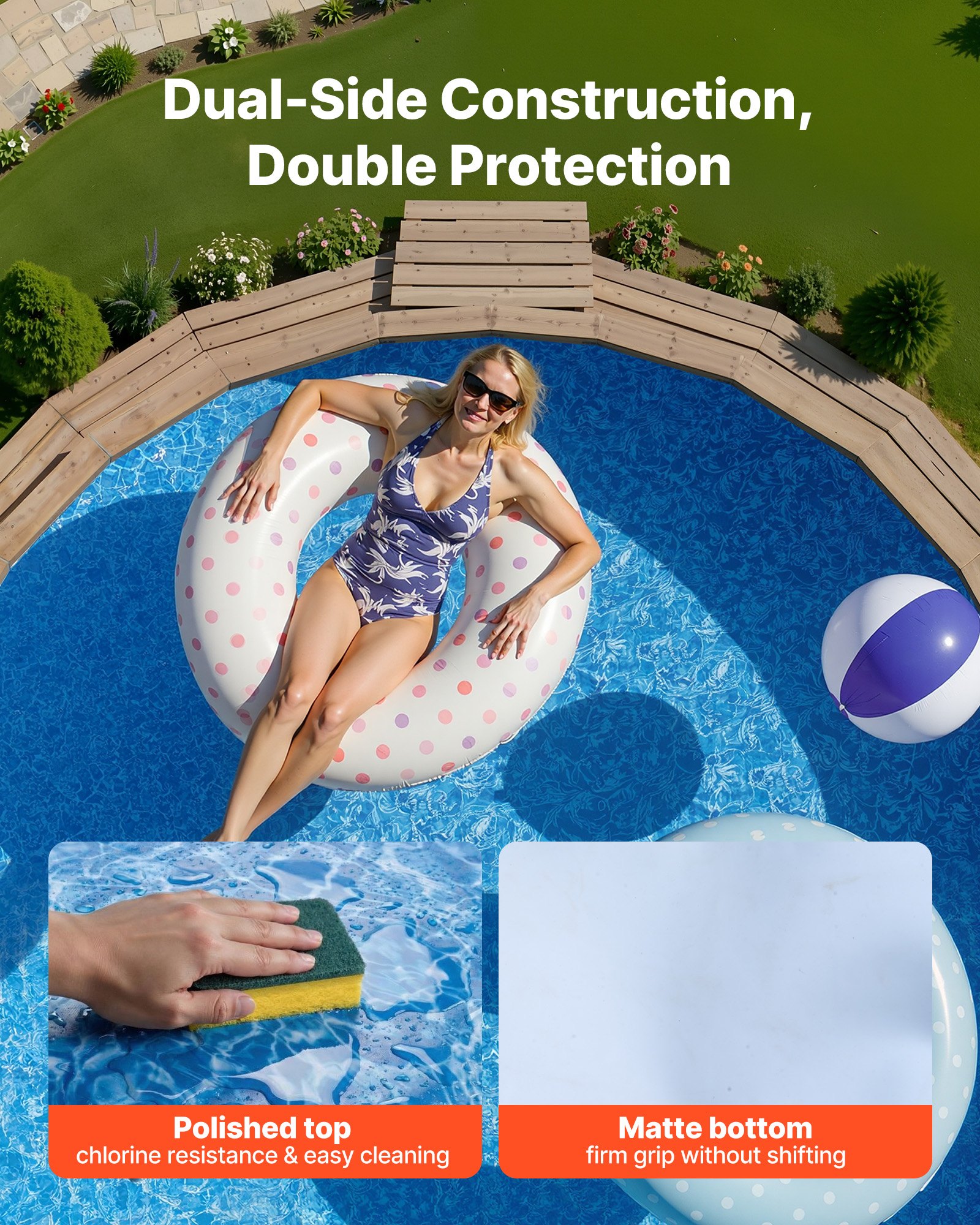 15ft Pool Liner, Round Overlap Swimming Pool Liner For 54 In Wall Height, Premium Vinyl, Easy Install With Leak-Proof Patches, Designed For Steel Sided Above-Ground,Outdoor, Boulder Swirl
