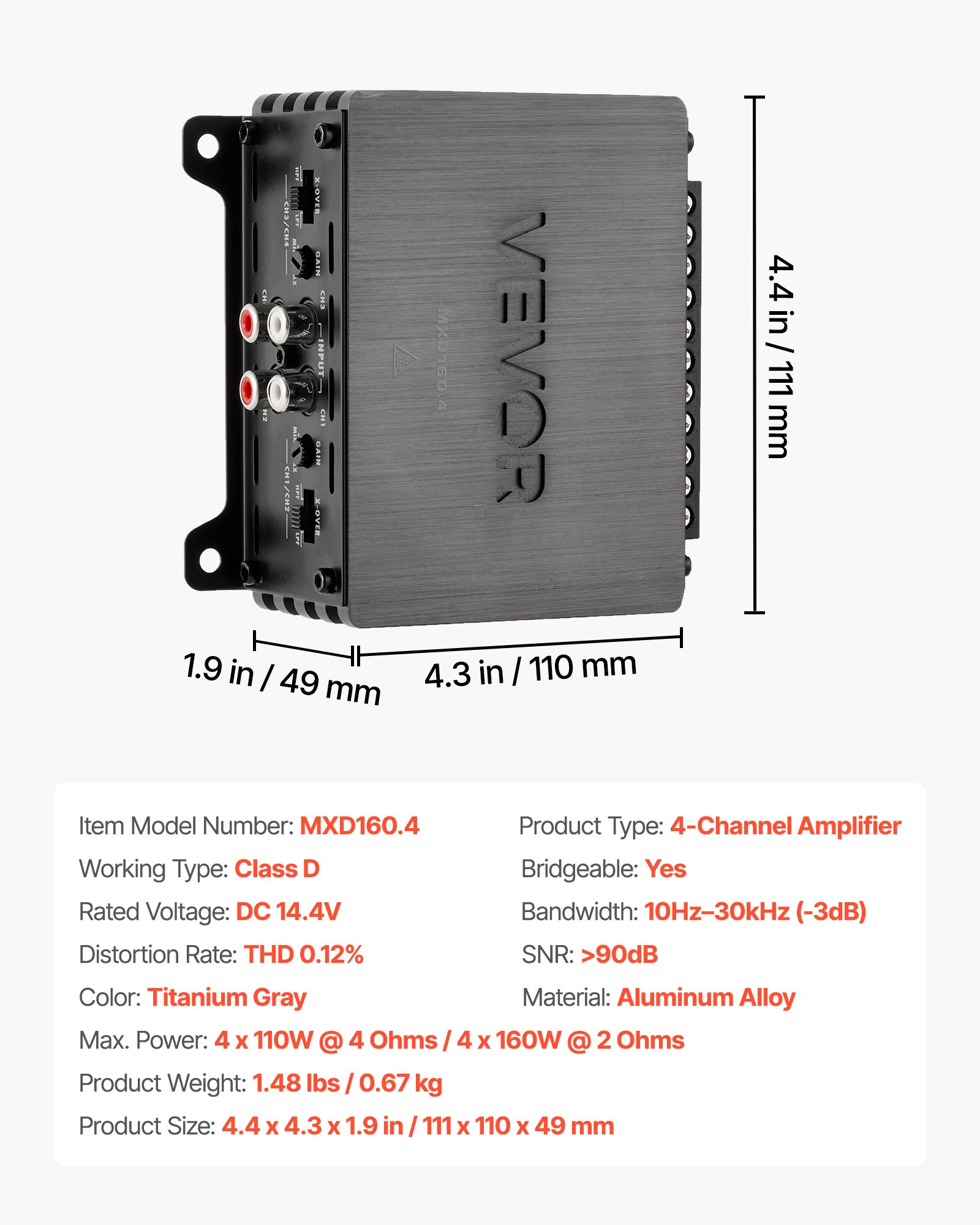 4 Channel Car Audio Amplifier 2 Ohm Stable Bridgeable Class D Full Range Amp Max Power 4 X 110W @ 4 Ohm / 4 X 160W @ 2 Ohm For Car SUV Truck Off-Road