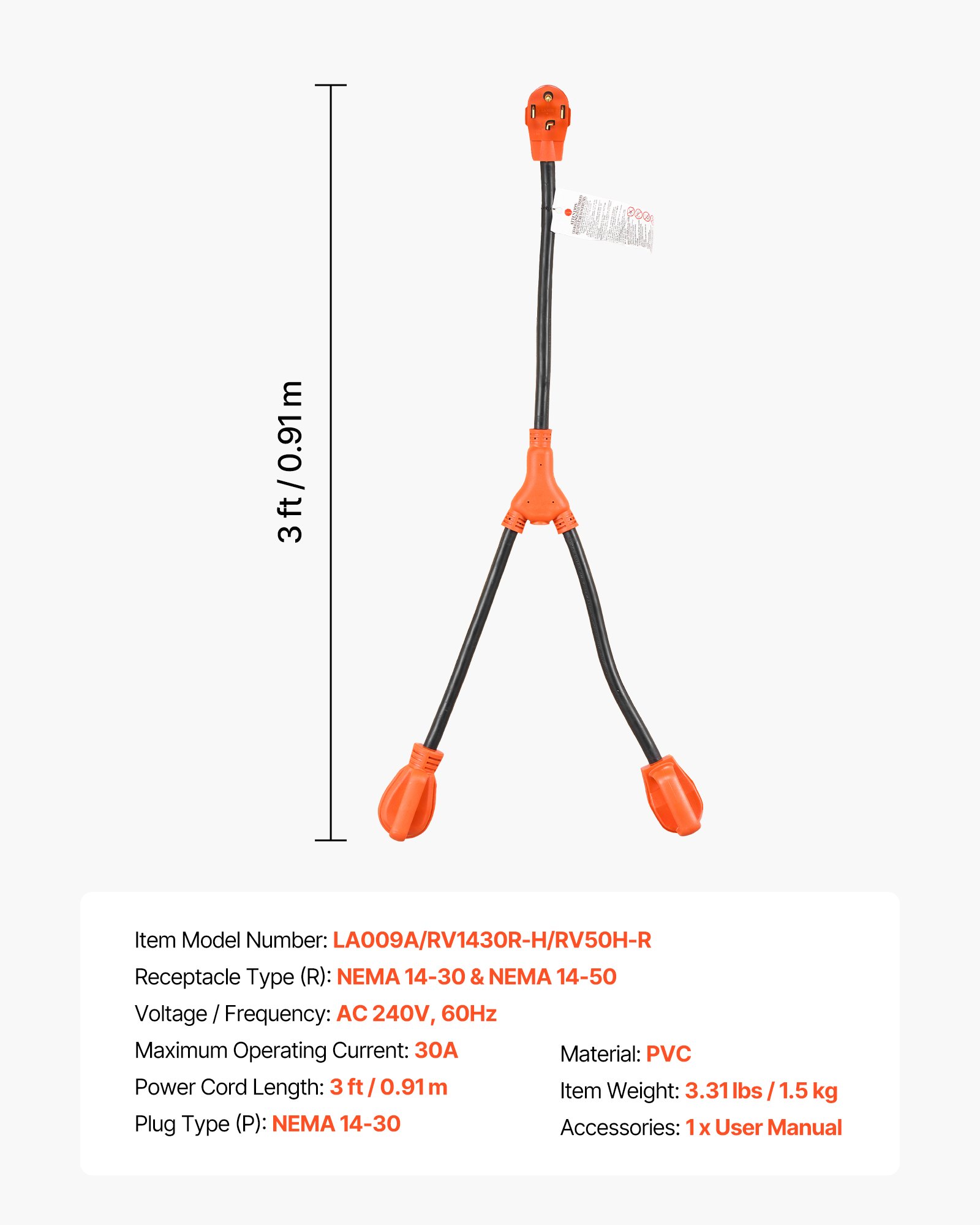 Y Splitter Adapter, 30 Amp, 4 Prong Outlet 240 Volt Dryer To EV Charger Adapter, NEMA 14-30P To 14-30R/14-50R, With Grip Handle, Heavy Duty 10 AWG STW Wire, For EV Charger Dryer RV