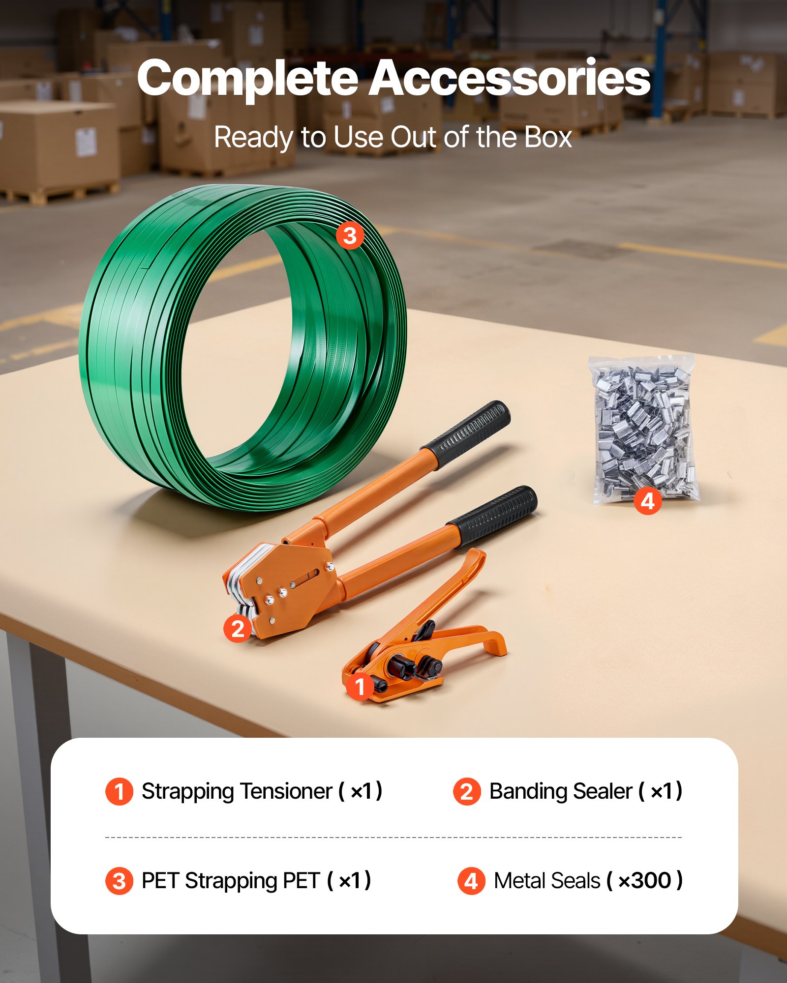 Banding Strapping Kit, Heavy Duty Banding Sealer Tool With 1000 Ft Length PET Band, 300 Metal Seals, Plastic Manual Pallet Packaging Strapping Kit For Warehouse/Shipping/Moving/Home, Orange