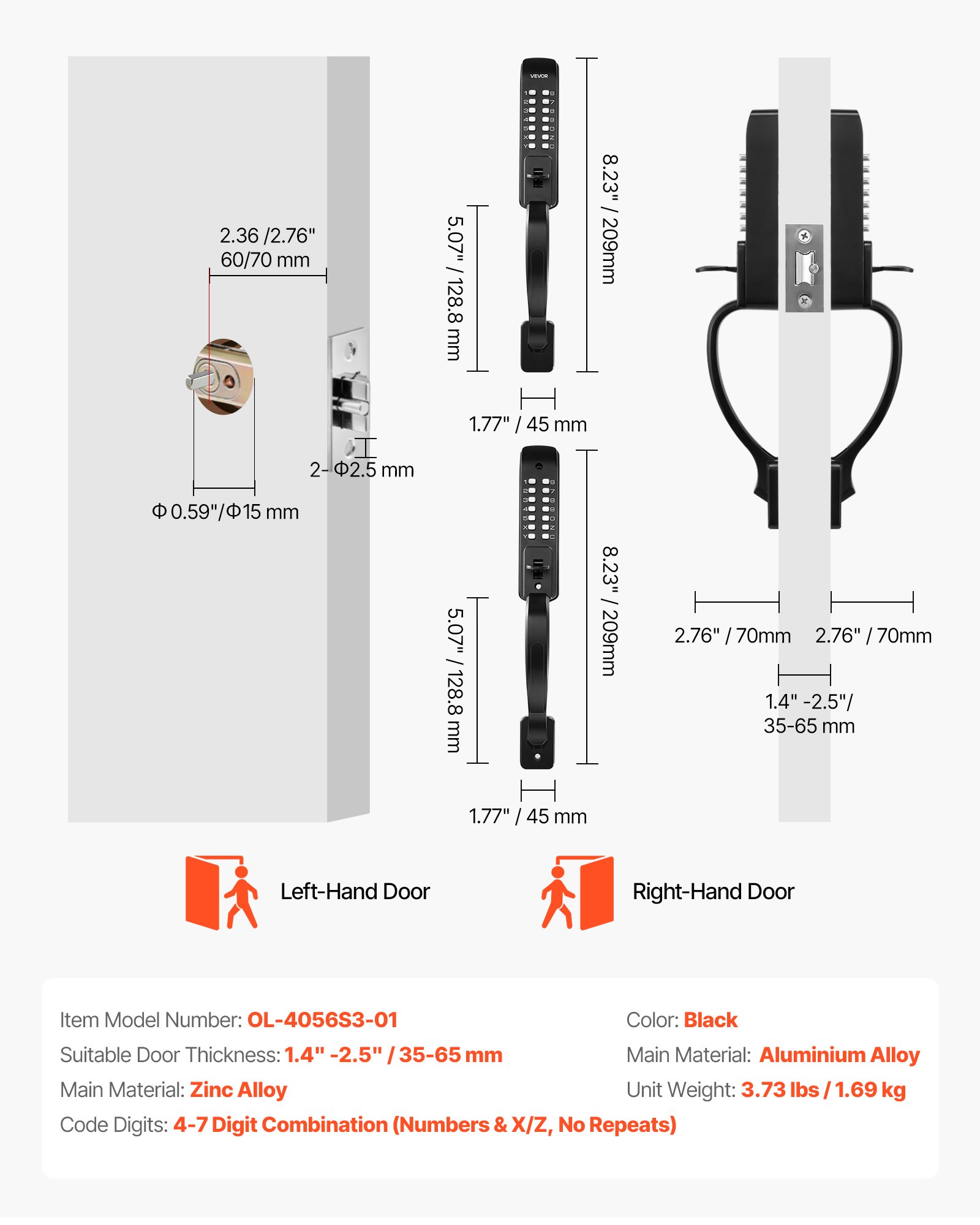 Mechanical Keyless Entry Door Lock, 2.0 Code Upgrade, 4-7 Digits Code, Double-Sided Push Button Combination Keypad Door Lock With Pull Handle, Auto Locking, For Garden Gates, Indoor Or Outdoor