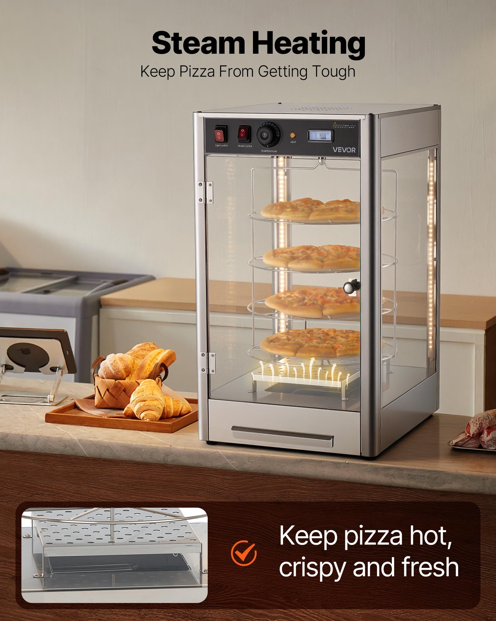 Commercial Food Warmer Display, 4-Tier Pizza Warmer With Rotary Steam Heating For 14 In Pizza, 86 F-185 F Temperature Control And Temp Display, 25W Oven Light  Top LED For Pizza Shop, Restaurant