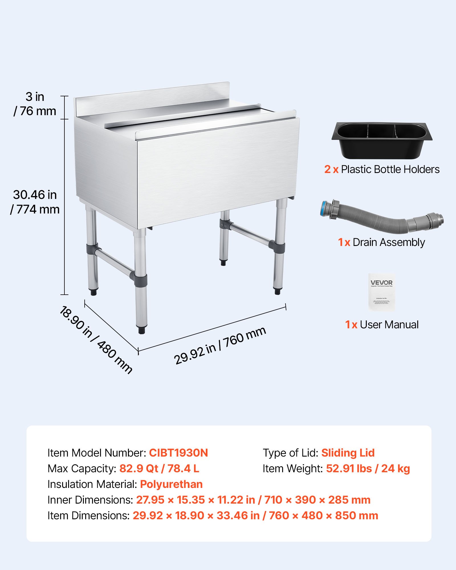 Commercial Ice Bin, 82.9 Qt Max Capacity, 30 X 19 X 33 Inch Stainless Steel Ice Chest With Sliding Lid And Bottle Holders, Cooler Cart Cocktail Unit For Bar Restaurant Pub, NSF Cer