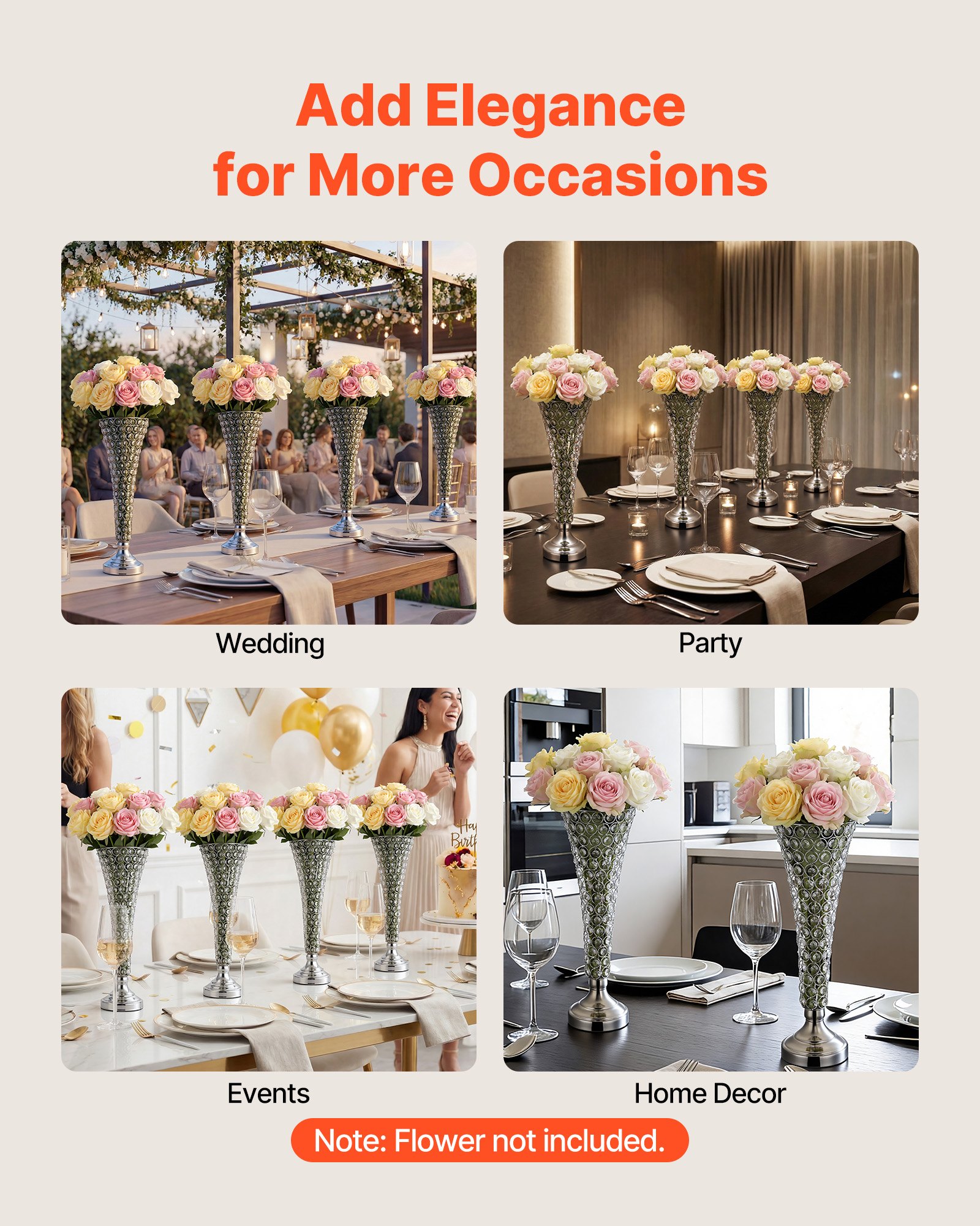 4 PCS Crystal Wedding Flower Vase, 20 In Tall Flower Table Centerpieces, Crystal Cylinder Banquet Vases Easy Installation, Versatile Arrangement Stand For Party Events Room Home Decor, Silver