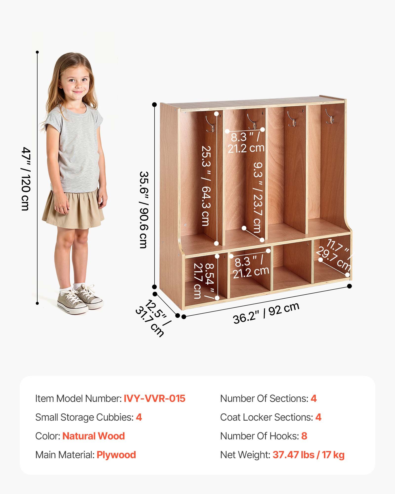 4-Section Kids Coat Locker, Wooden Toddler Cubby Storage Organizer With 8 Hooks & Non-Slip Mat, Modern Kid Coat Cubbies With 4 Small Open Storage Boxes For Home, Kindergarten, Daycare, Natural