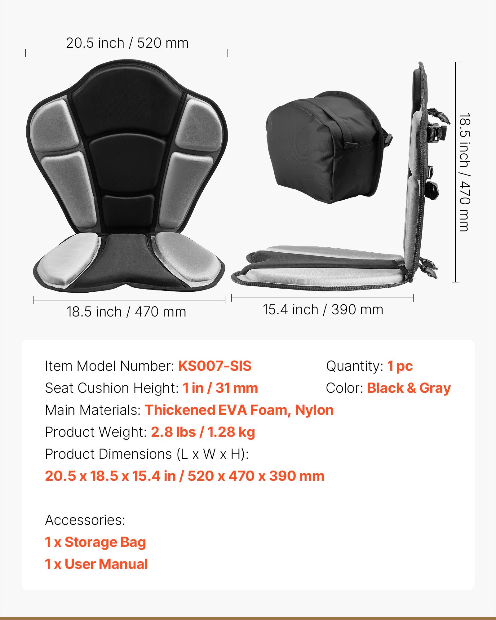 Kayak Seat, 1 Pack 1" Thick, Universal Paddle Board Seat With Back Support, Sit-on-Top Soft Padded Cushion With Storage Bag & Adjustable Straps For SUP, Fishing Boat, Inflatable Kayak, Rowboat