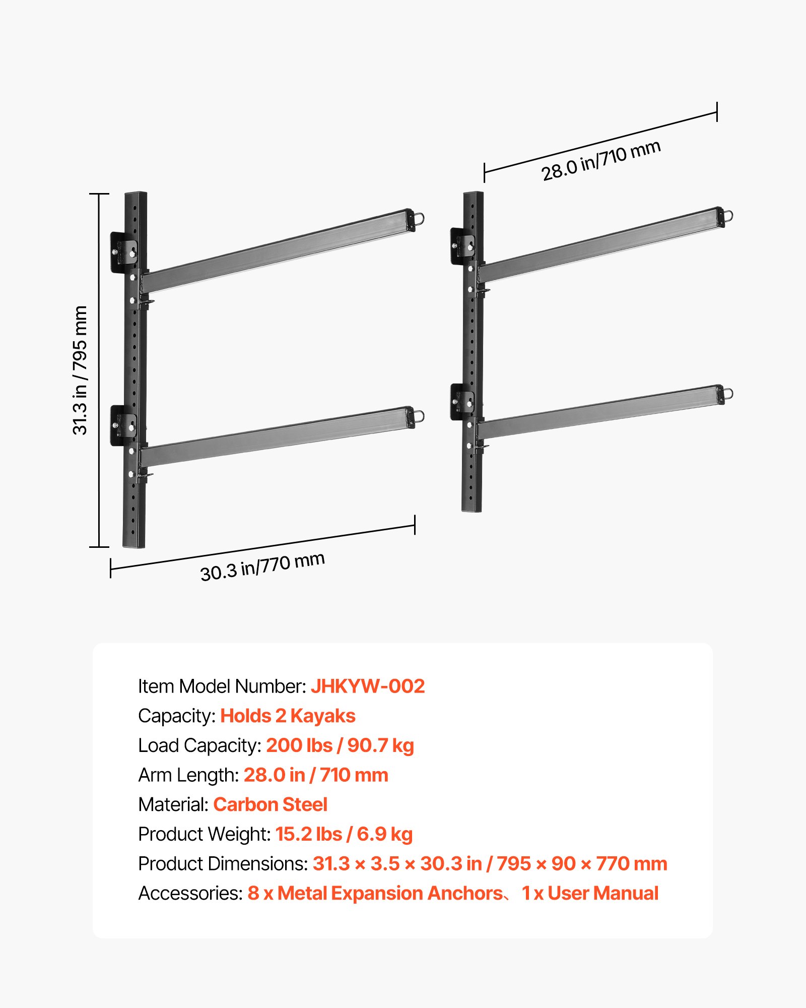 Kayak Storage Rack For 2 Kayaks, Holds 200 Lbs, Heavy Duty Adjustable Wall Mount Stand For Indoor Outdoor Garage Shed Dock, Storage Holder For Canoe, Small Boat, SUP, Surfboard & Paddleboard