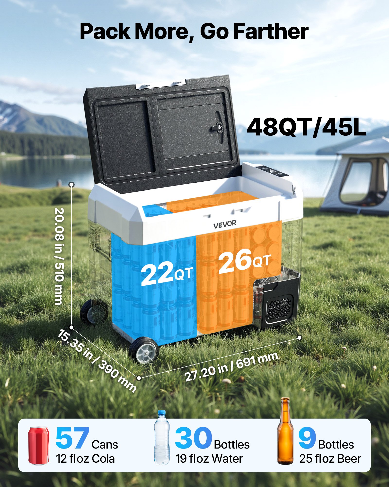 Car Refrigerator, DC 12/24V AC100-240V Compressor Electric Cooler,  -4°F To 68°F Truck Refrigerator With APP Control, Wheels & Dual Zone, 48 QT Cars Cooler For RVs, Boats, Camping, Fishing