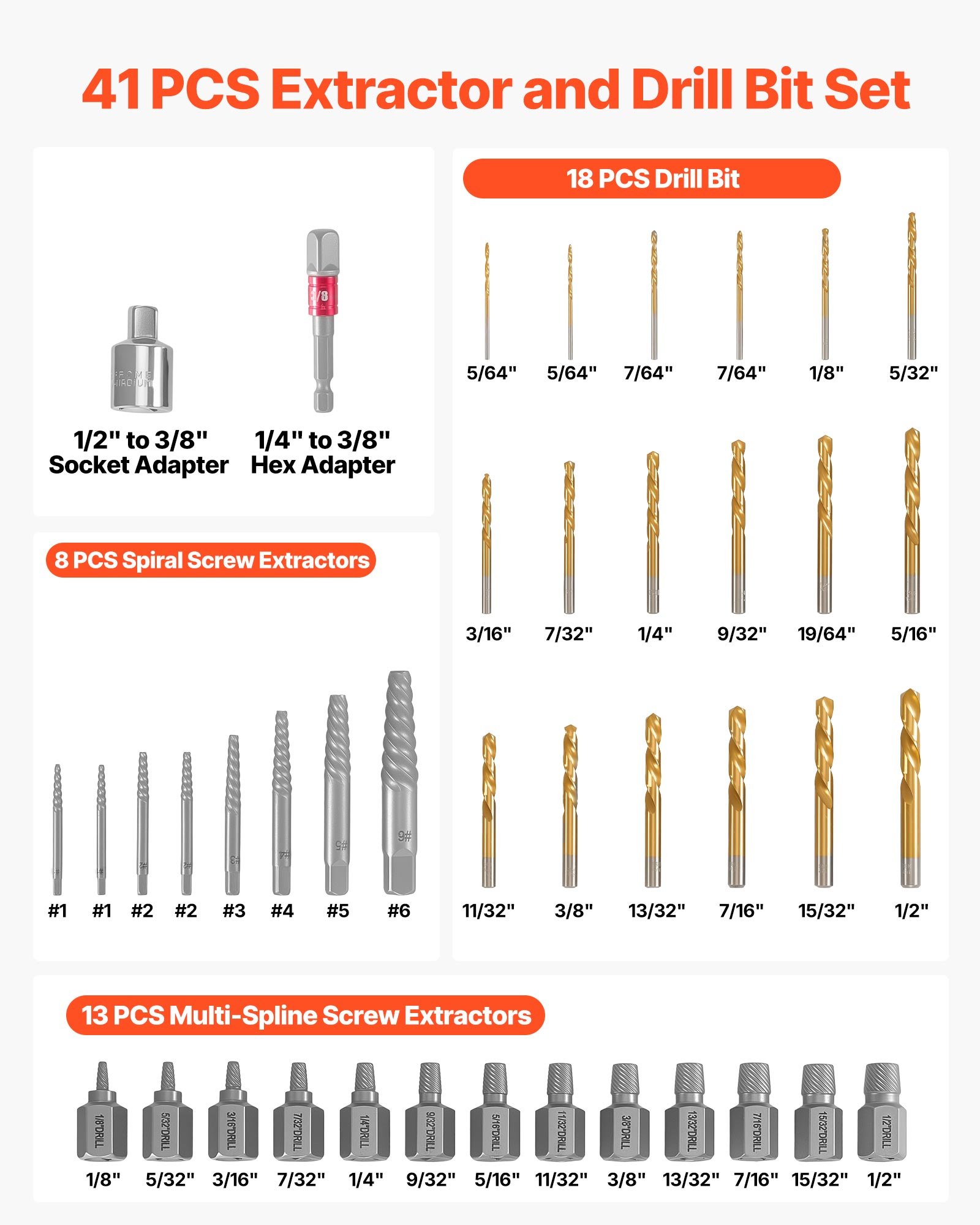 Screw Extractor Set With Drill Bits, 41 Pieces, Easy Out Bolt Extractors And Drill Bits, With Adapters, Solid Storage Case, Cr-Mo Steel For Removing Rounded, Broken, Or Stripped Bolts, Screws