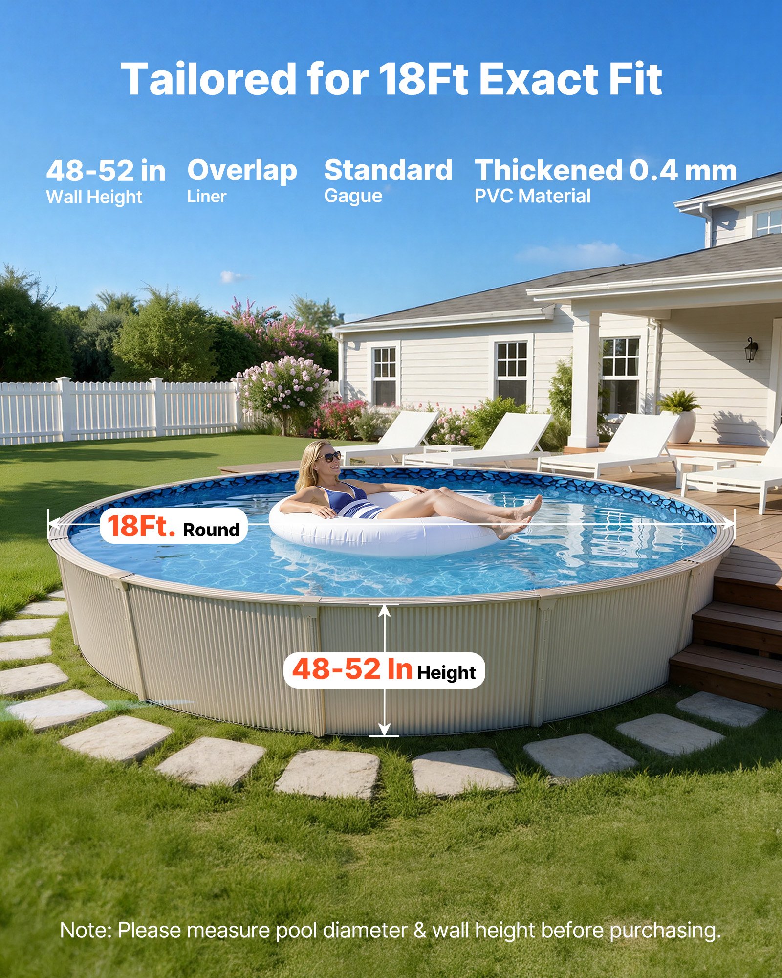 18ft Pool Liner, Round Overlap Swimming Pool Liner For 52 In Wall Height, Premium Vinyl, Easy Install With Leak-Proof Patches, Designed For Steel Sided Above-Ground,Outdoor, Boulder Swirl