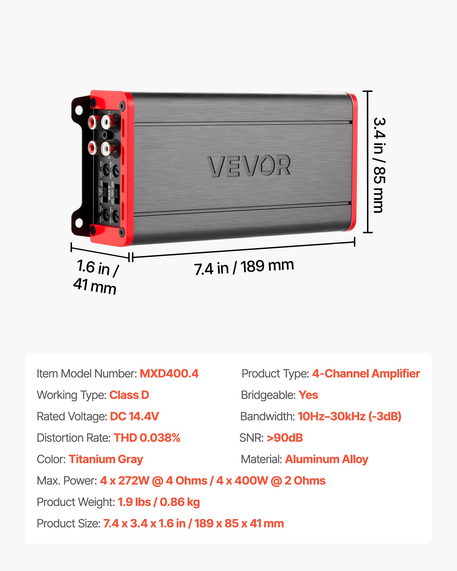 4 Channel Car Audio Amplifier 2 Ohm Stable Bridgeable Class D Full Range Amp Max Power 4 X 272W @ 4 Ohm / 4 X 400W @ 2 Ohm For Car SUV Truck Off-Road