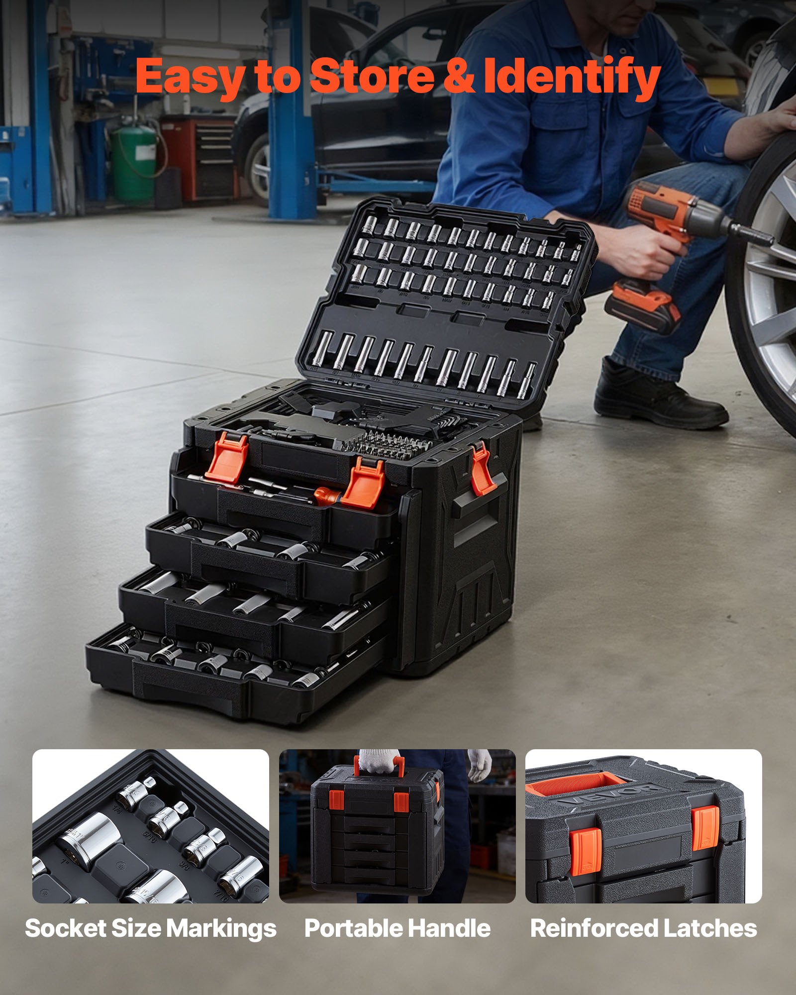 Mechanics Tool Set, 256-Piece Mechanic Tool Kit, 1/4 In, 3/8 In, And 1/2 In Driv