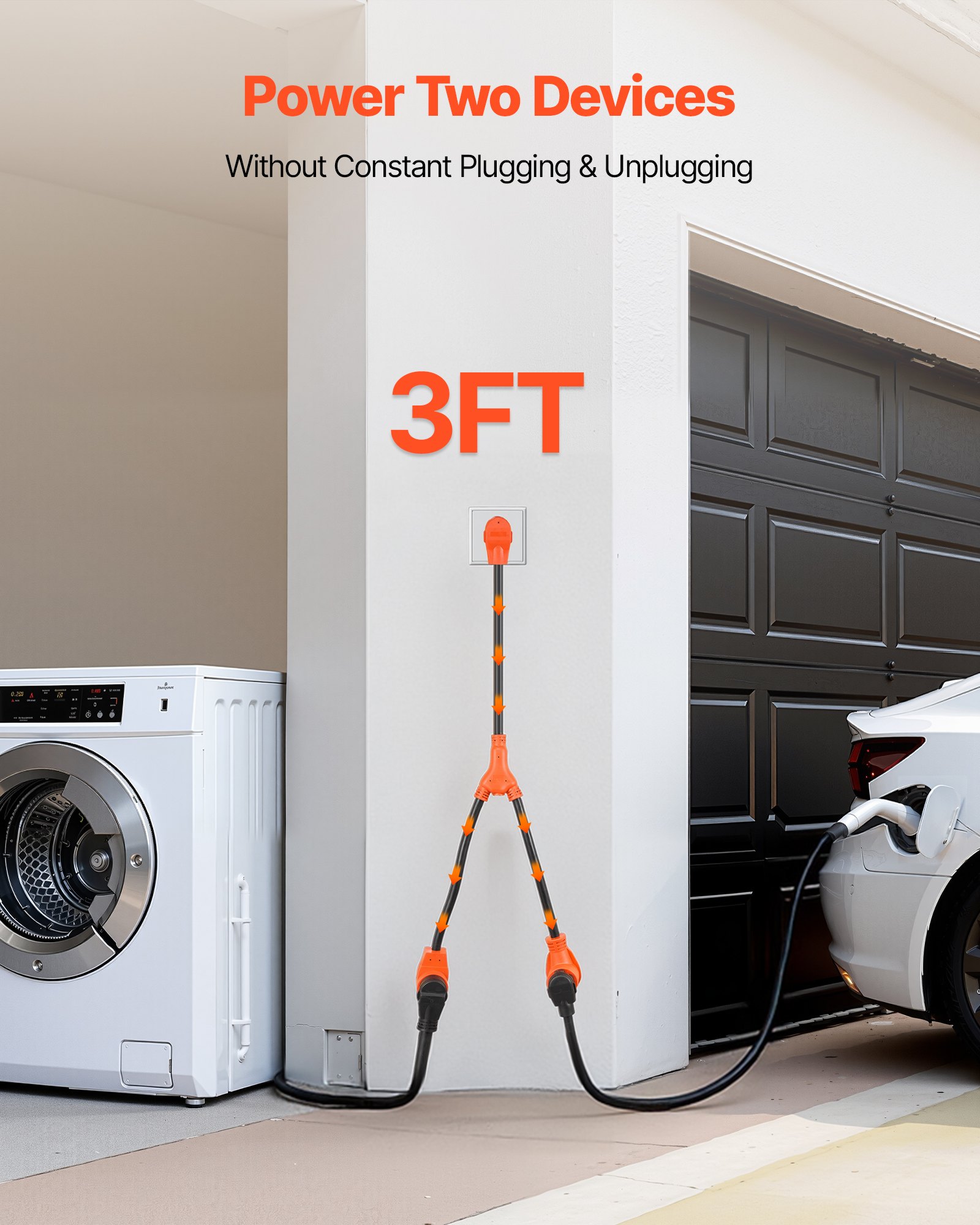 Y Splitter Adapter, 30 Amp, 4 Prong Outlet 240 Volt Dryer To EV Charger Adapter, NEMA 14-30P To 14-30R/14-50R, With Grip Handle, Heavy Duty 10 AWG STW Wire, For EV Charger Dryer RV