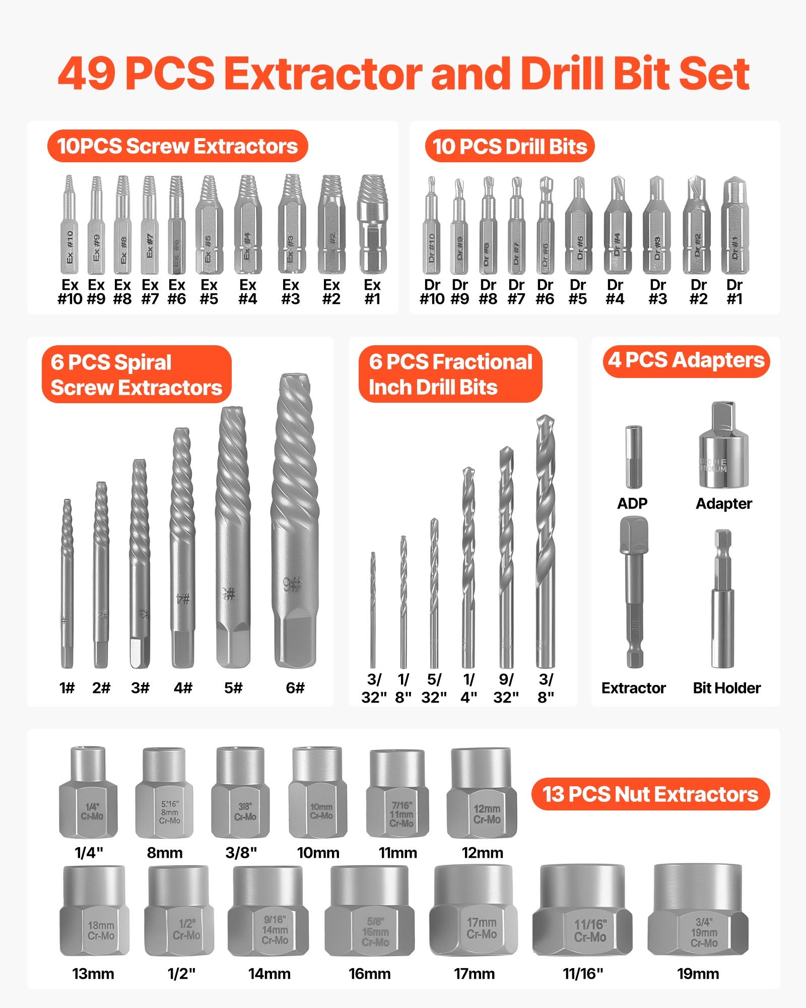 Screw Extractor Set With Drill Bits, 49 Pieces, Easy Out Nut Bolt Extractors And Drill Bits, With Adapters, Solid Storage Case, Cr-Mo Steel For Removing Rounded, Broken, Or Stripped Fasteners