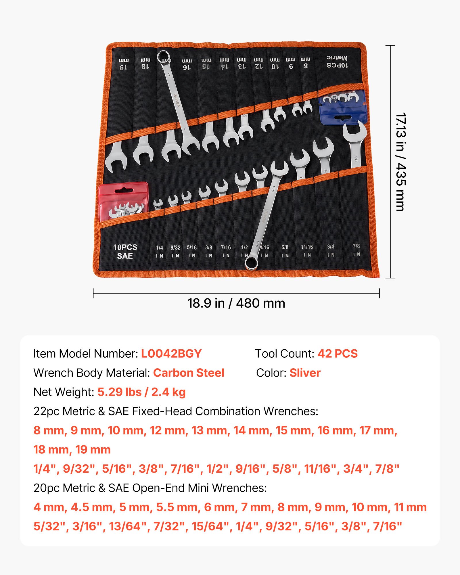 Combination Wrench Set, 42-Piece SAE And Metric, 12-Point Box End And 15° Angled Open End Combination Wrenches With Roll Up Pouch, Carbon Steel, For General Household And Automotive Repairs