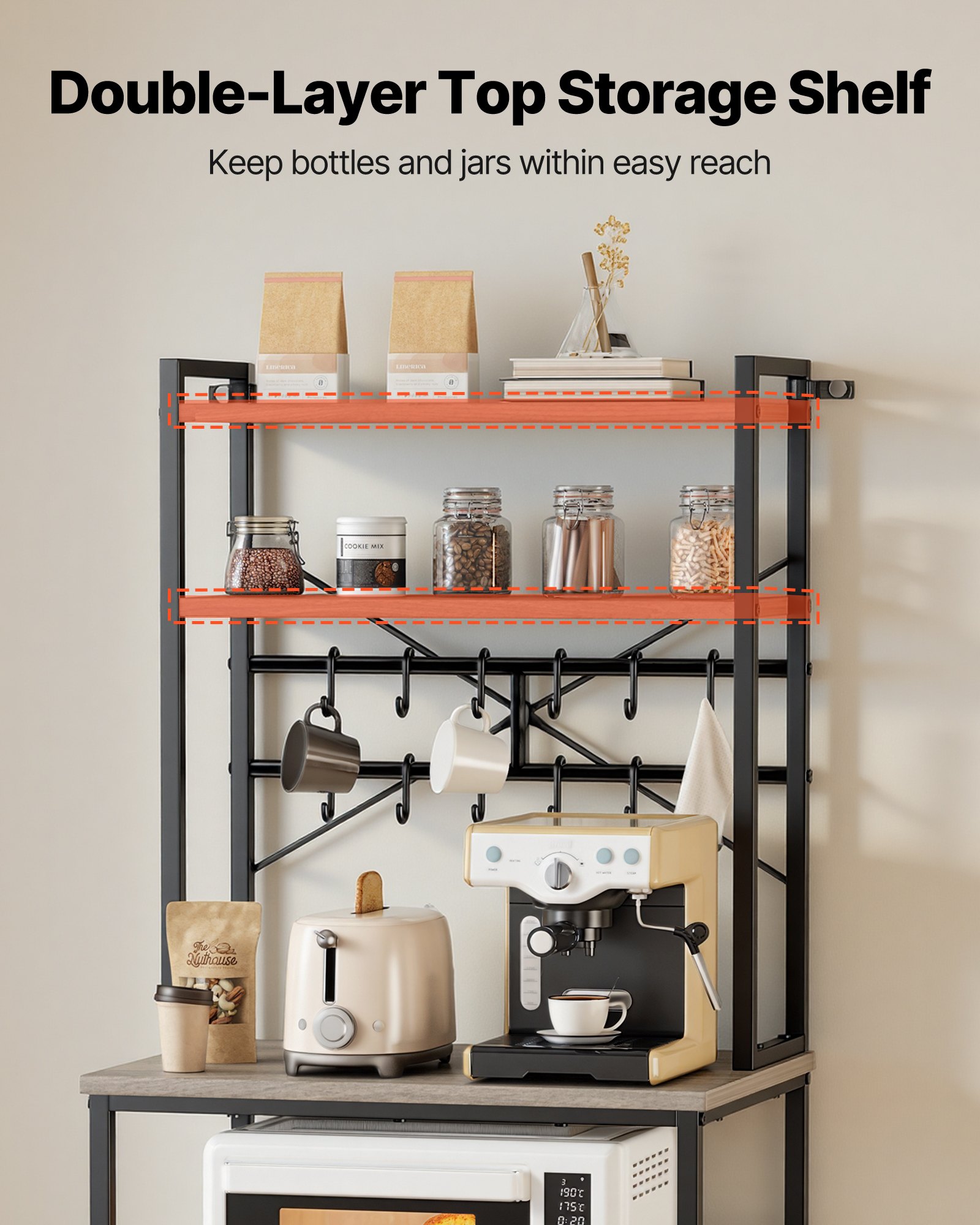 Kitchen Bakers Rack, 23.6 Inch Width Bakers Rack, Kitchen Stand With X-Shaped Support Bar, 12 S-Shaped Hooks, Double-Layer Top Shelf, Coffee Bar Stand For Dishes & Bowls, Spice Bottles - Image 1