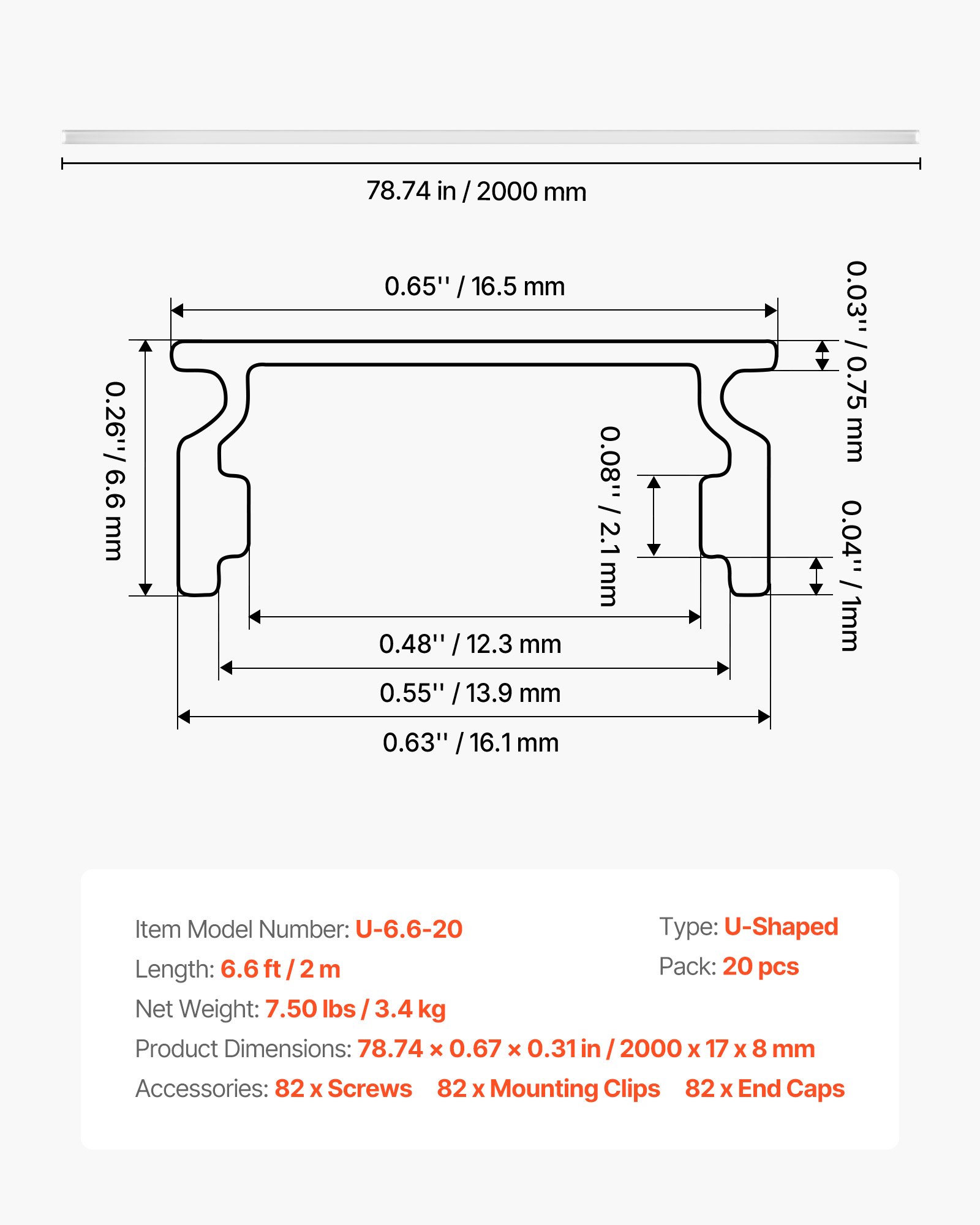 20-Pack 6.6 Ft/2M U Shape LED Aluminum Channel, With Milky Cover, End Caps And Mounting Clips, Aluminum Profile For LED Strip Light Installations, Easy Installation, For Under Cabinet Counter