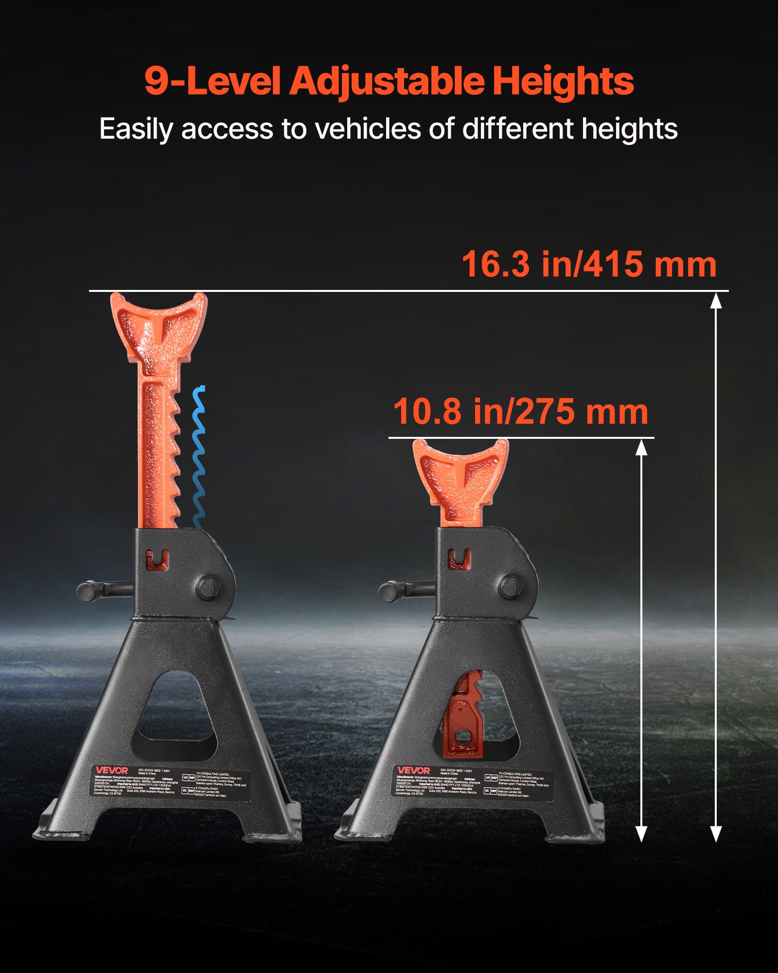 Jack Stands, 3 Ton (6,600 Lbs) Capacity, 10.8-16.3 In Adjustable Height, Heavy Duty Steel Jack Auto Stands With Locking, For Lifting SUV, Pickup, Car And UTV/ATV, 1 Pair, Black And Orange image 5