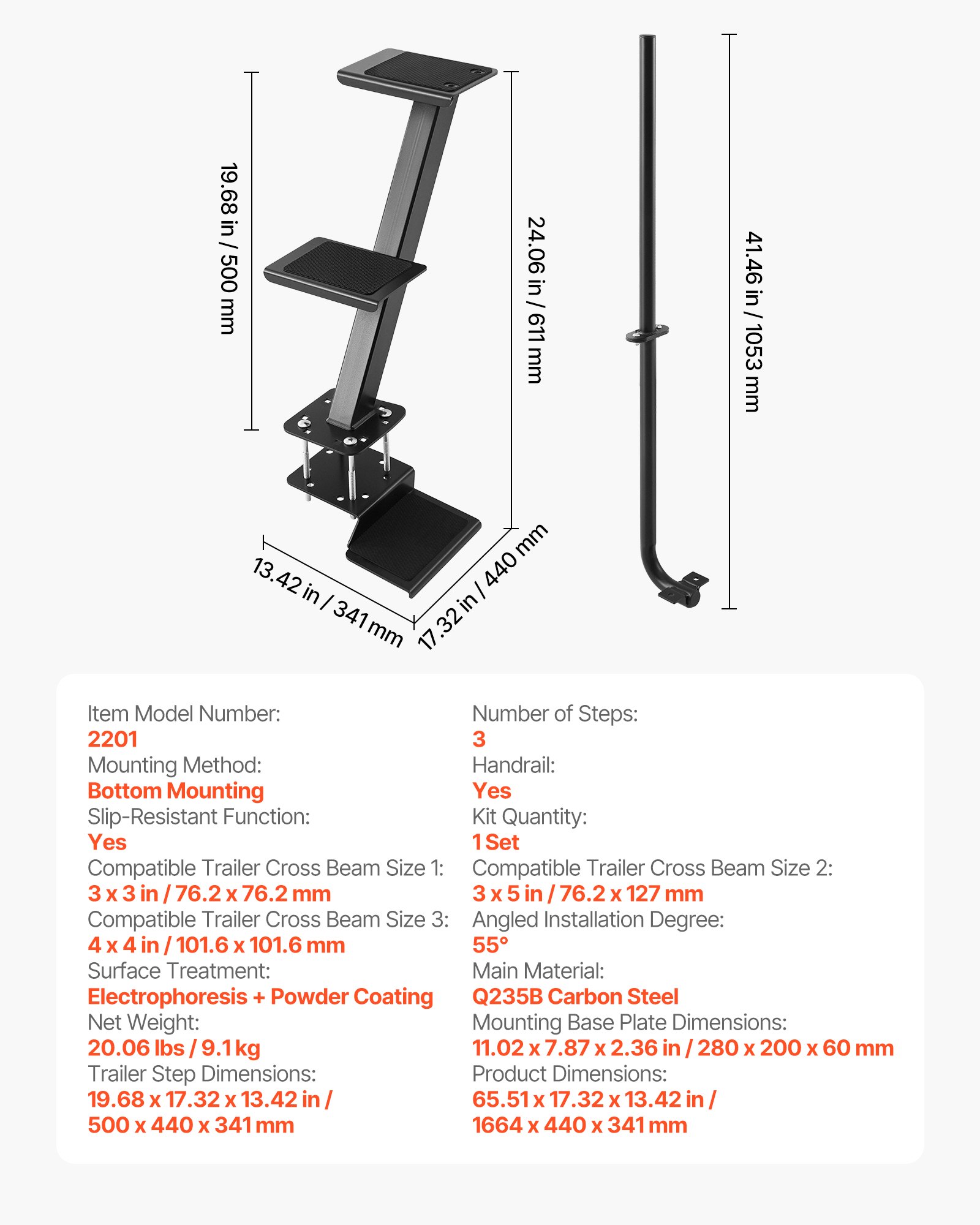 Boat Trailer Steps, 3-Step, Heavy-Duty Boat Trailer Steps With Handle, Non-Slip Surface, 3 Mounting Angle Options, Carbon Steel Ladder Suitable For 3" X 3"/3" X 5"/4" X 4" Frame, Bottom Mounting