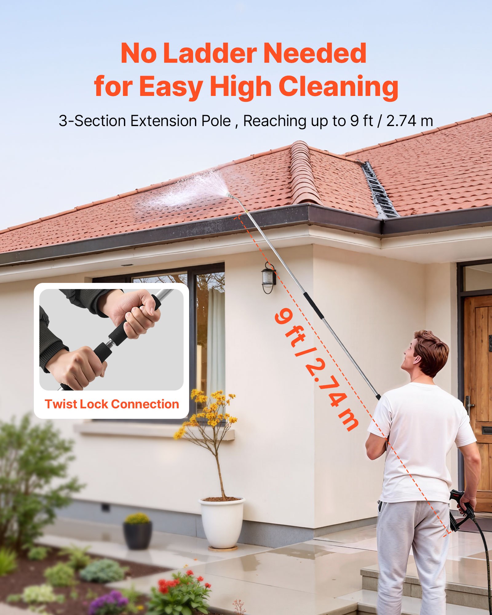 9 FT Pressure Washer Telescoping Wand, 3-Section With Power Washer Extension Wands, 7 Nozzles, Hose Adapter, Support Belt, Storage Bag, 4000 PSI Telescopic Gutter Cleaner For High Cleaning