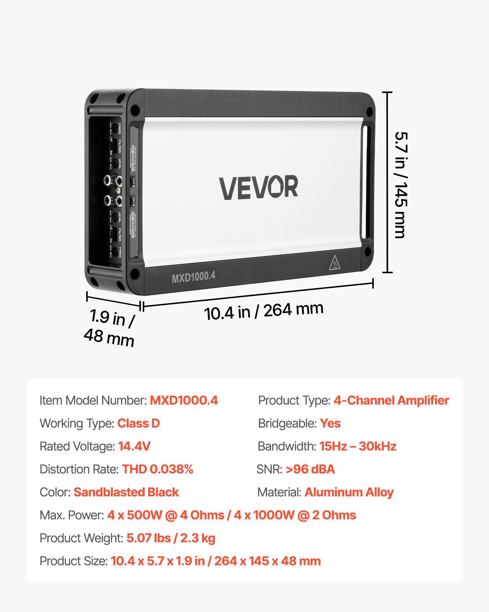 4 Channel Car Audio Amplifier 2 Ohm Stable Bridgeable Class D Full Range Amp Max Power 4 X 500W @ 4 Ohm / 4 X 1000W @ 2 Ohm For Car SUV Truck Off-Road
