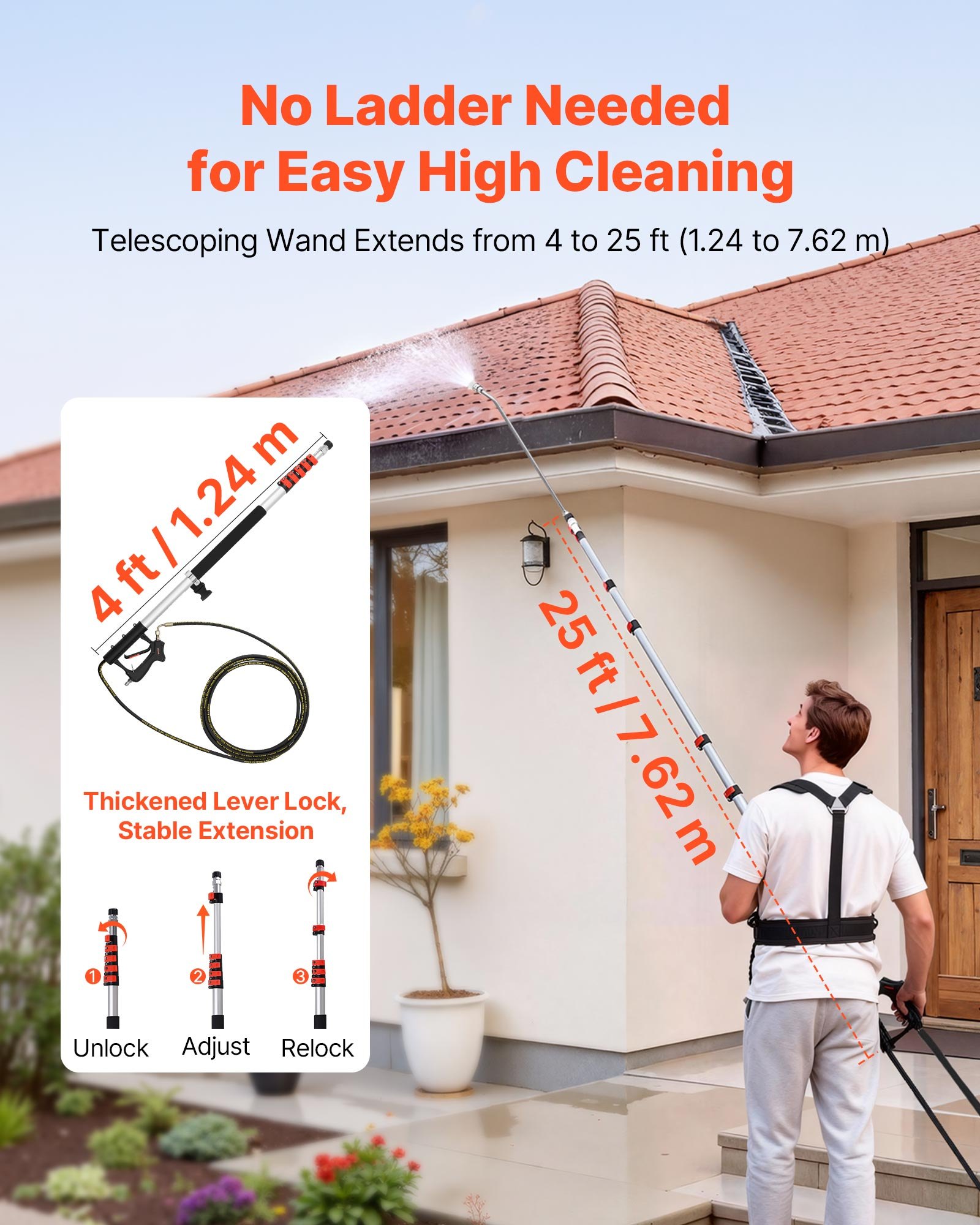 25 FT Pressure Washer Telescoping Wand, With Power Washer Extension Wands & High Pressure Hose, Brush Head, 7 Nozzles, Hose Adapter, Upgrade Support Belt, Storage Bag, 4000 PSI For High Cleaning