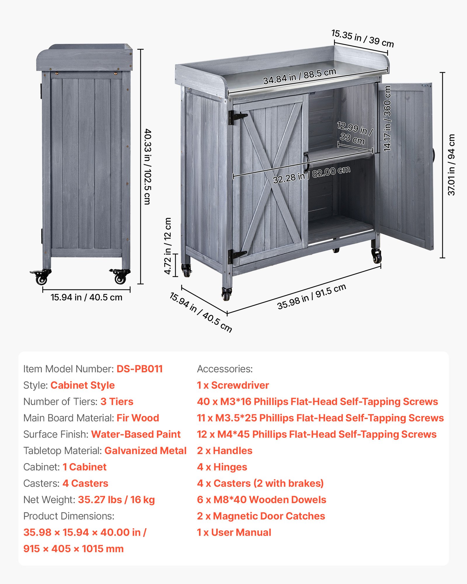 Potting Bench Table, Outdoor Gardening Wooden Storage Cabinet With 36 X 16 In Galvanized Iron Tabletop, Garden Planting Workstation With Large Storage Space, 4 Casters For Patio, Backyard, Gray