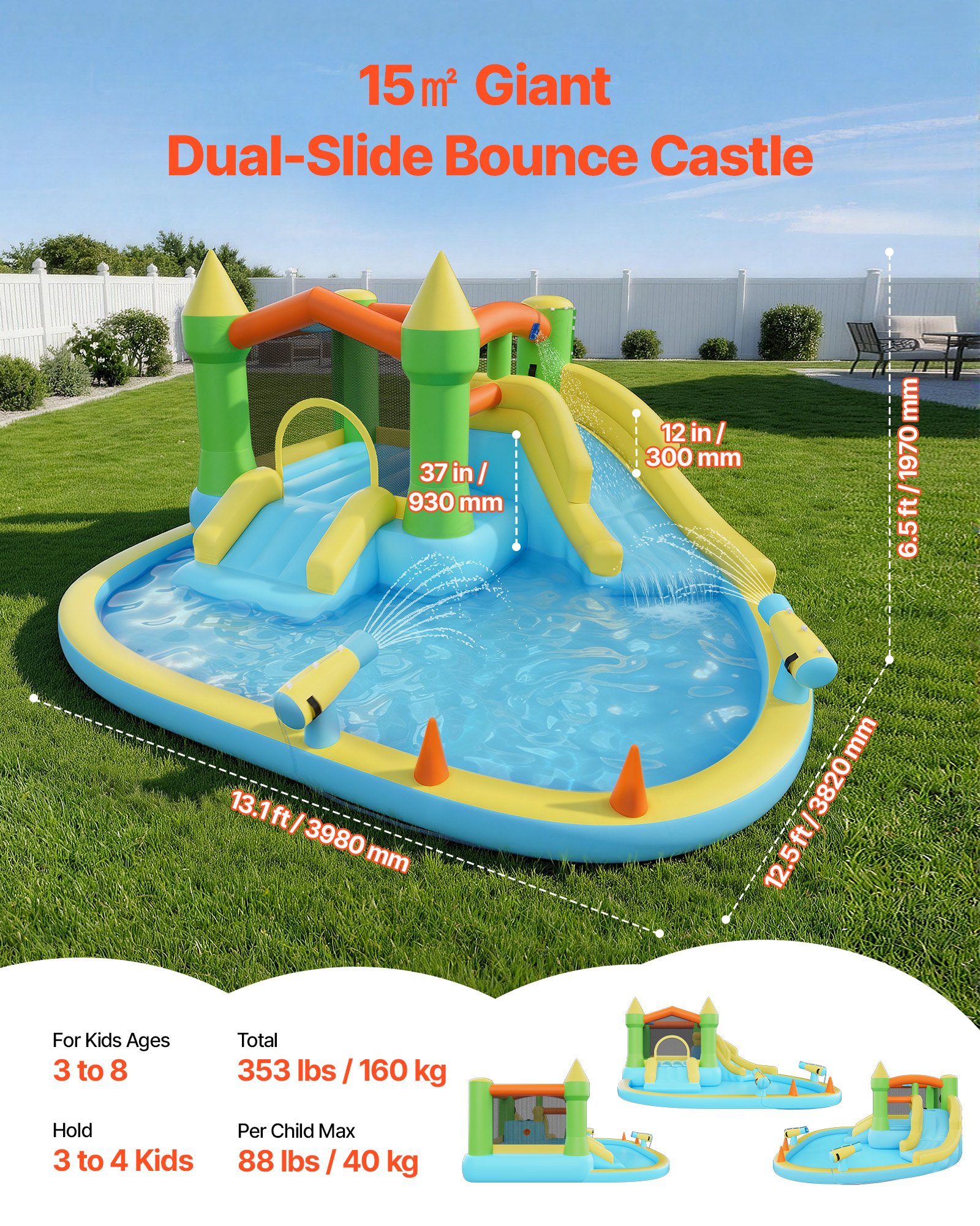Inflatable Bounce House, 12.5 X 13.1 X 6.5 Ft Inflatable Bounce House Water Slide, Bouncer Castle With Castle Bounces, Basketball Hoop, Splash Pool & Water Ring Toss, For 3 To 4 Kids Ages 3 To 8