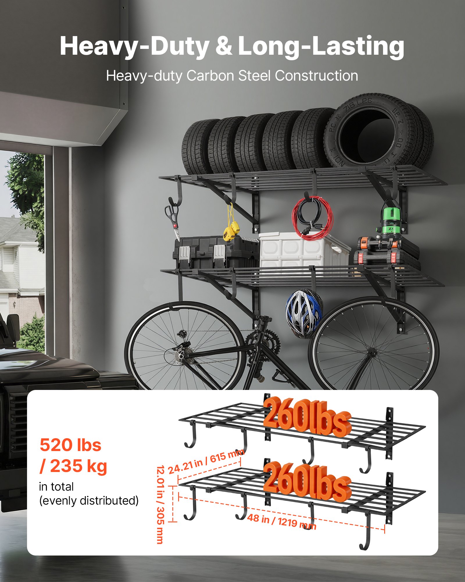 2-Tier Heavy Duty Wall Garage Shelving, 2 X 4 Ft Steel Wall Mounted Shelving Unit With Hooks, 24 X 48 Inch Per Shelf Floating Storage Metal Rack For Garage, 520 Lbs Total Weight Capacity, Black