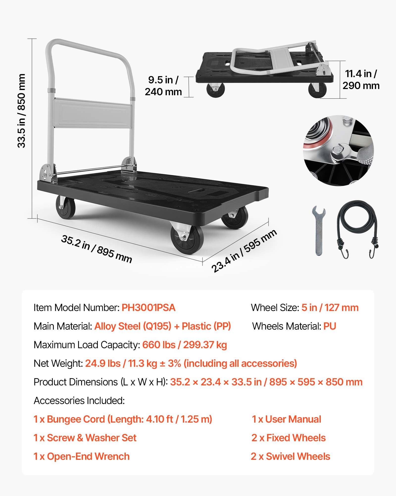 Foldable Push Cart Dolly, 660 Lbs Capacity, Folding Platform Truck With Swivel Wheels, Moving Platform Hand Truck Flatbed Cart, Space Saving Push Handle, For Easy Storage, 35.2 X 23.4 X 33.5 In